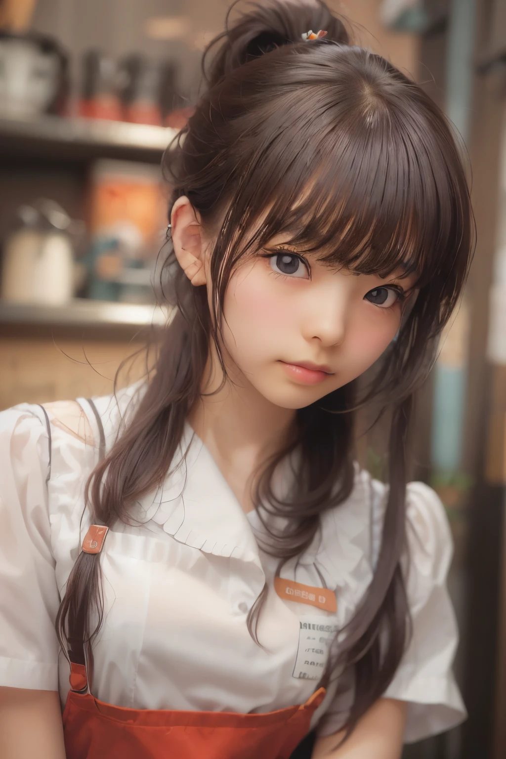 ((sfw: 1.4)),((detailed face, professional photography)), ((sfw, barista uniform, low-ponytail hair, sidelocks-hair, 1 Girl)), Ultra High Resolution, (Realistic: 1.4), RAW Photo, Best Quality, (Photorealistic Stick), Focus, Soft Light, ((20 years old)), ((Japanese)), (( (young face))), (surface), (depth of field), masterpiece, (realistic), woman, bangs, ((1 girl))