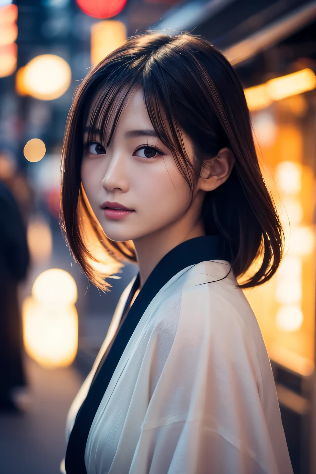 Beautiful Japanese supermodel woman, A lock of hair with slight highlights, black eyes, Sexy，street background，Gorgeous kimono , Liquid color flows across her face, Shooting against the light，Perfect facial lighting，mixed media