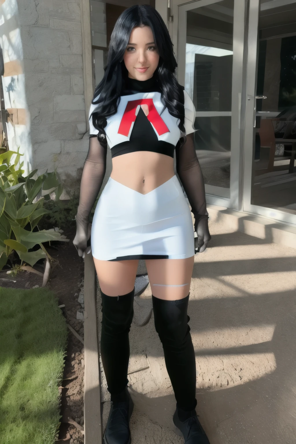 (vanessa), team rocket,team rocket uniform, red letter R, white skirt,white crop top,black thigh-highs,black elbow gloves, cosplay, 4K, HDR, outdoors, sunny,