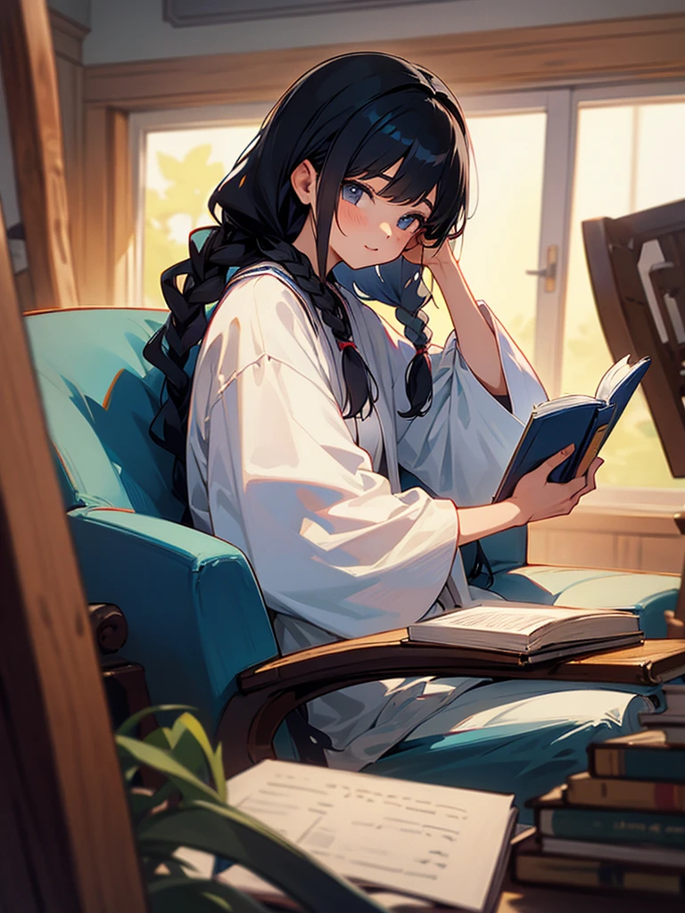 A girl with black hair, reading a book, with braids
