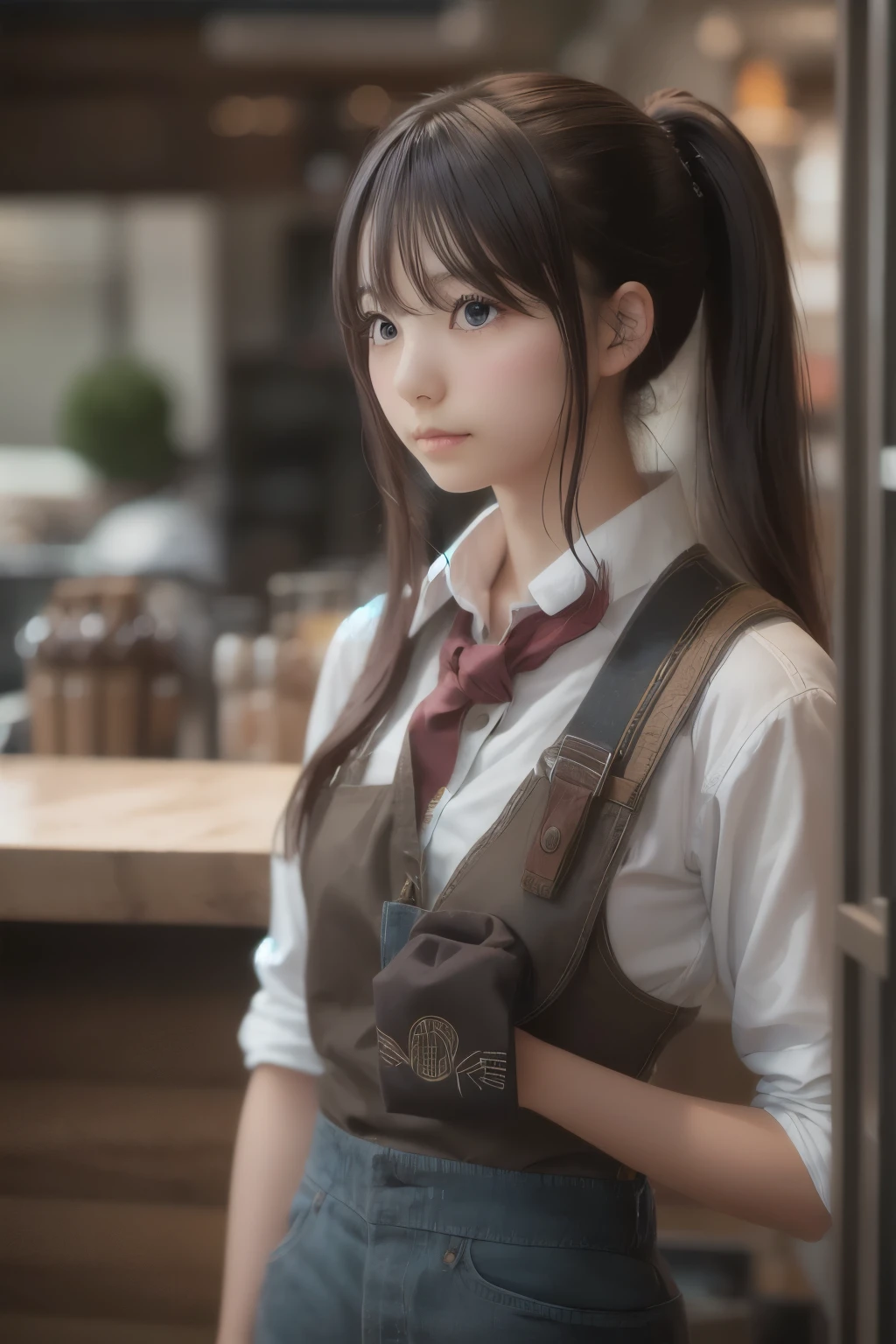 ((sfw: 1.4)),((detailed face, professional photography)), ((sfw, barista uniform, low-ponytail hair, sidelocks-hair, 1 Girl)), Ultra High Resolution, (Realistic: 1.4), RAW Photo, Best Quality, (Photorealistic Stick), Focus, Soft Light, (()), ((Japanese)), (( (young face))), (surface), (depth of field), masterpiece, (realistic), woman, bangs, ((1 girl))