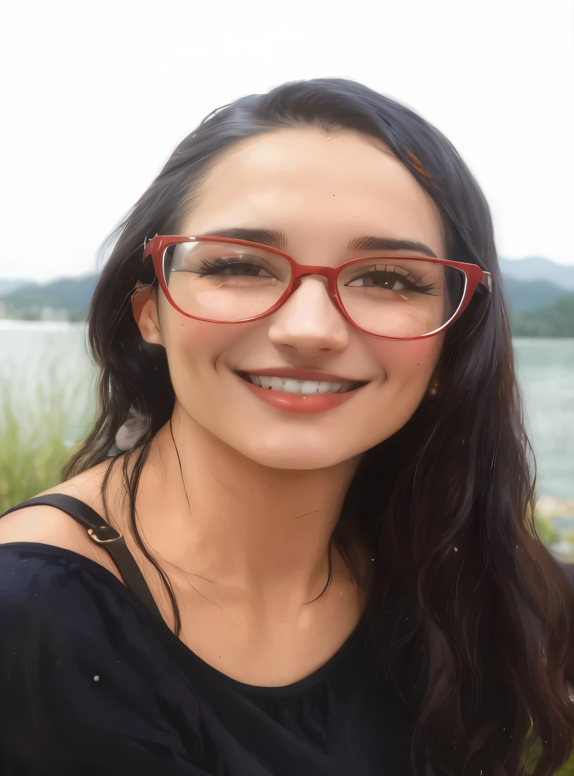 smiling woman with braces and glasses in front of a lake, powder Nándor Katona, malika favre, fernanda suarez, magnetic years, Carolina Gariba, Andreia Rocha, by Amélia Peláez, Marischa Becker, 3 Brazilian mother of 5 years, Alanis Guillen, Laura Zalenga, retrato frontal