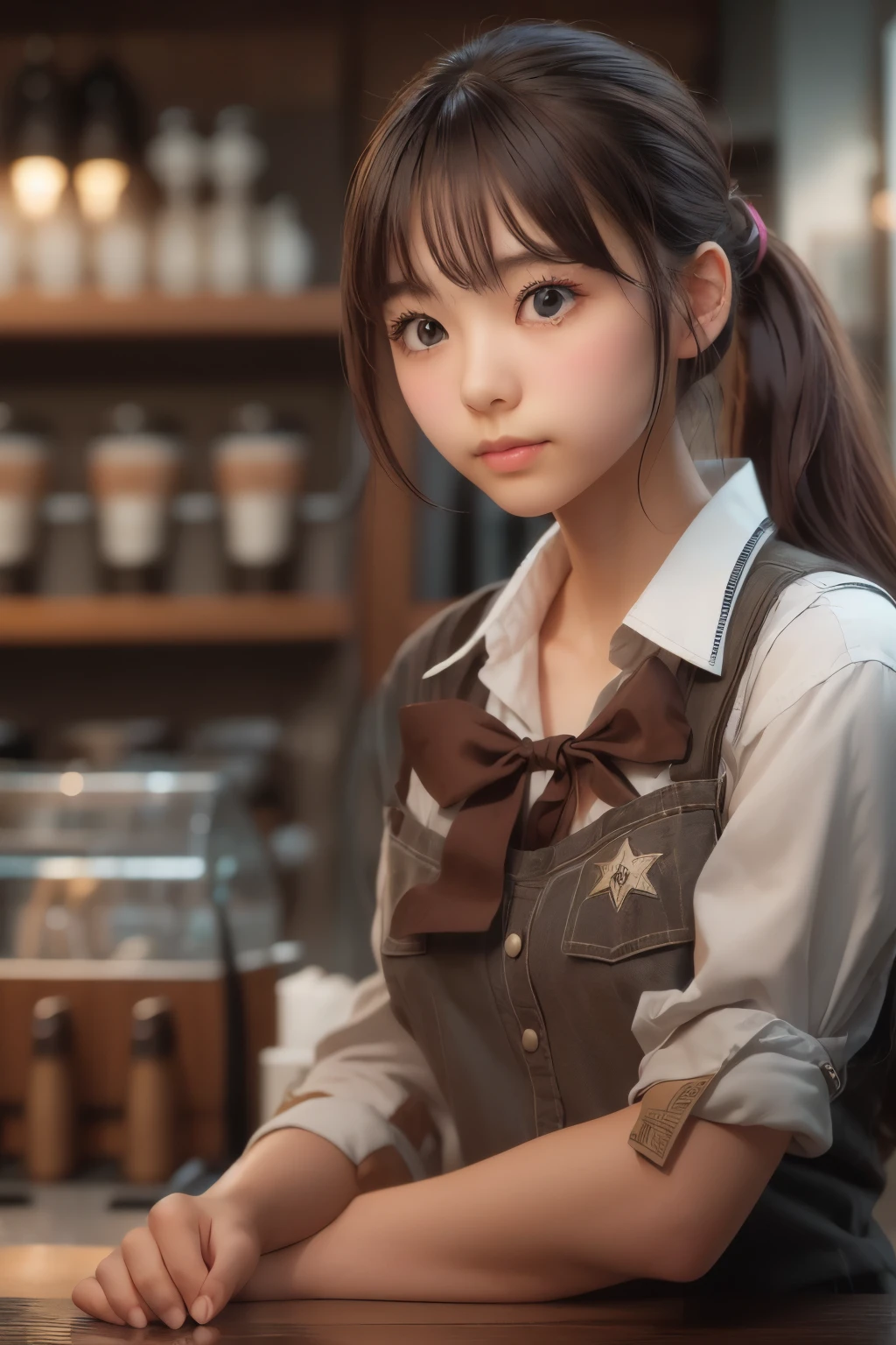 ((sfw: 1.4)),((detailed face, professional photography, cowboy shot)), ((sfw, barista uniform, low-ponytail hair, sidelocks-hair, 1 Girl)), Ultra High Resolution, (Realistic: 1.4), RAW Photo, Best Quality, (Photorealistic Stick), Focus, Soft Light, ((20 years old)), ((Japanese)), (( (young face))), (surface), (depth of field), masterpiece, (realistic), woman, bangs, ((1 girl))
