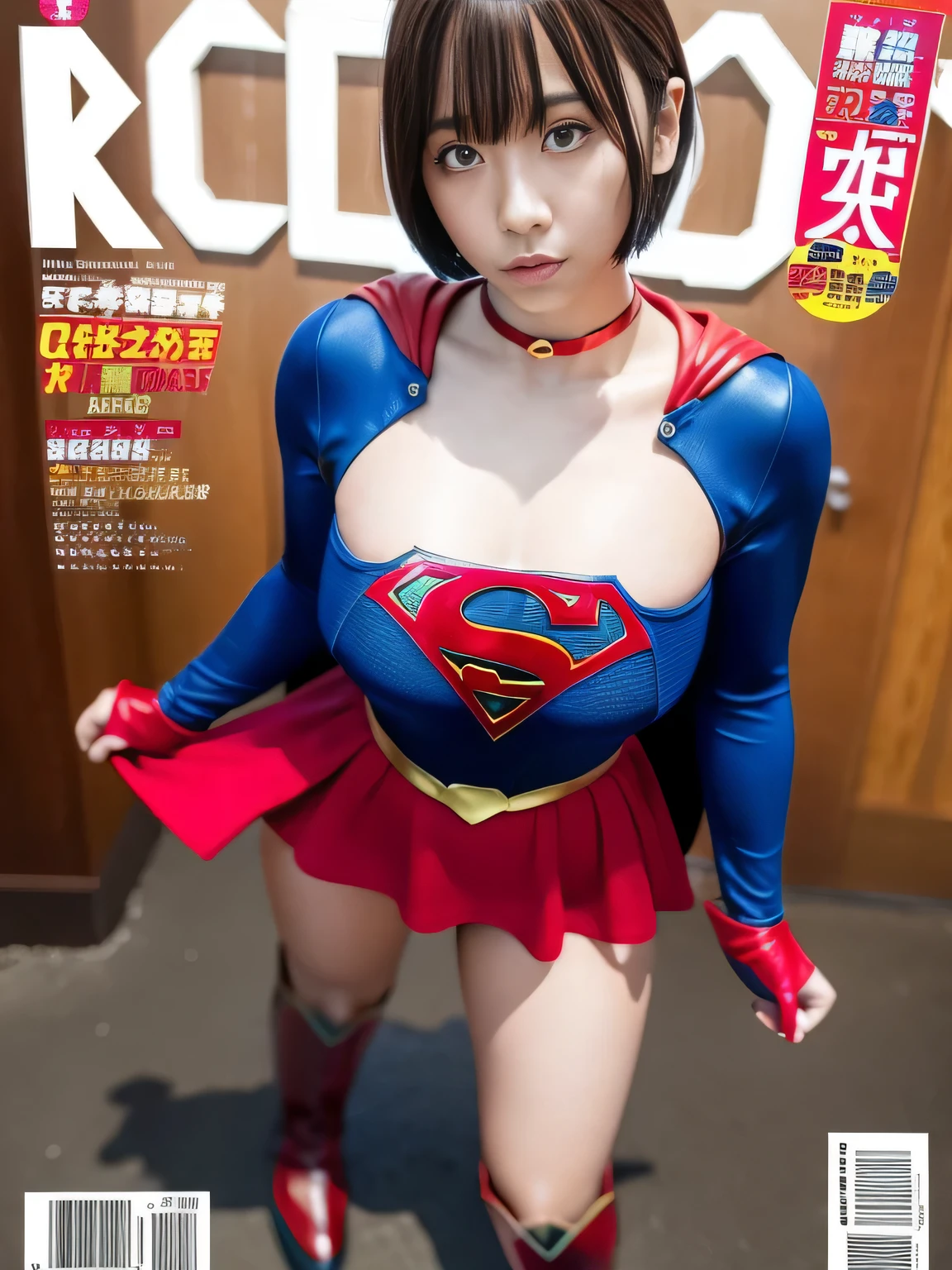 masterpiece、supergirl costume、short hair、enamel boots、big and full breasts、standing posture、model body shape、shiny、long sleeve、looking at camera、choker、red mini skirt、Weekly magazine cover、Sculpture Magazines、sweaty、full body portrait、from right in front、Crisis situation、