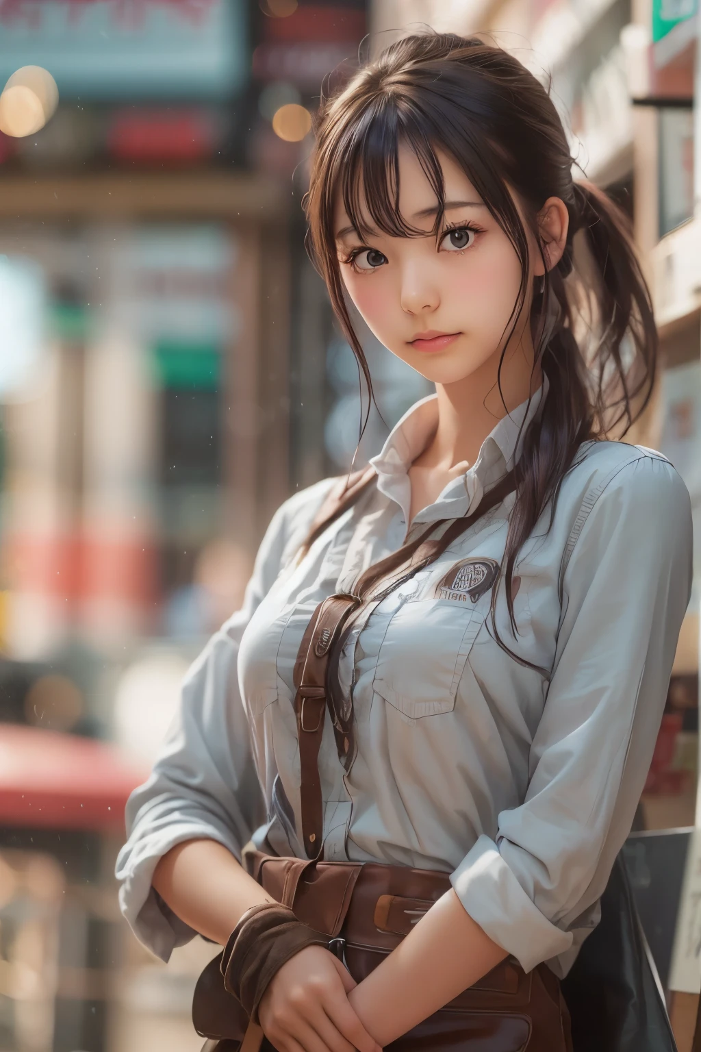 ((sfw: 1.4)),((detailed face, professional photography, cowboy shot)), ((sfw, barista uniform, low-ponytail hair, sidelocks-hair, 1 Girl)), Ultra High Resolution, (Realistic: 1.4), RAW Photo, Best Quality, (Photorealistic Stick), Focus, Soft Light, ((20 years old)), ((Japanese)), (( (young face))), (surface), (depth of field), masterpiece, (realistic), woman, bangs, ((1 girl))