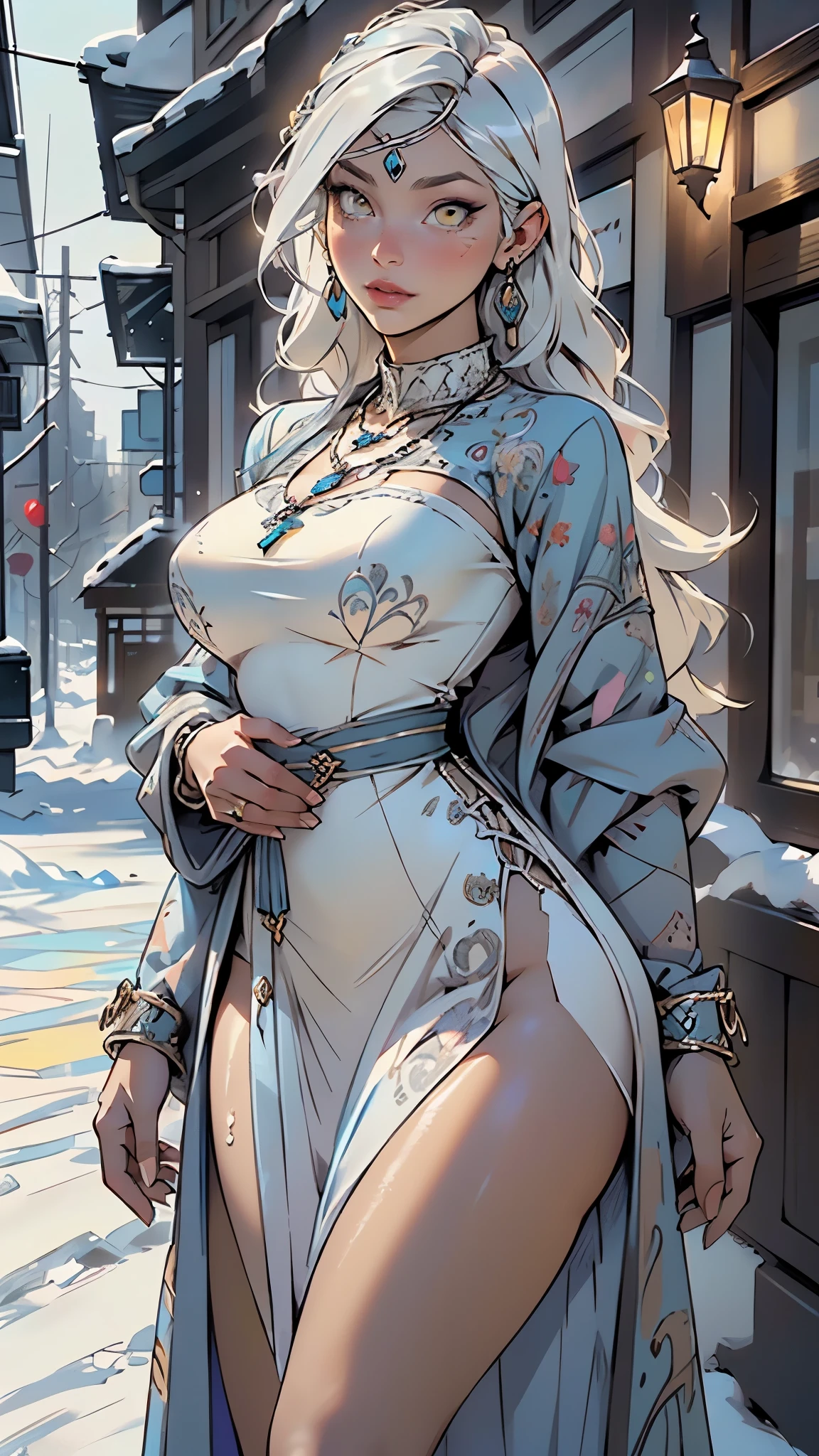 woman,1female,((milf,mom,mature,mature woman,45 years old female,adult)),(large breasts:1.5),saggy breasts,(((white hair:1.4,straight hair,long hair:1.4,colored inner hair))),((yellow_eyes:1.3)),intricate eyes,beautiful detailed eyes,symmetrical eyes,((((dark skin:1.4,lustrous skin:1.5,bright skin: 1.5,skin tanned,shiny skin,very shiny skin,shiny body,illuminated skin)))),(spider lower abdomen,narrow waist,wide hip,bimbo body,inflated legs,thick thighs,delicate detailed fingers),(((detailed face))),

cute,slutty,sensual,seductive look,seductive,((erotic)),opulent,sumptuous,longingly,((nsfw)),

queen,goddess,fantasy,(beautiful nordic clothes,light blue silk),((strapless light blue dress,very long light blue skirt,light blue dress)),(light blue clothes),(((necklace with an amulet,intricate necklace,nordic jewelry,detailed outfit,silver headdress with precious stones))),cleavage,((eyeshadow,elegant makeup,eyelid makeup, lipstick)),((Transparent cloth:1.1)), (((Sexy blue fur coat, blue fur coat outfit, wearing a blue fur coat:1.3,winter blue coat))),silver bracelets,(((intricate outfit,intricate clothes,embroidered outfit,ornate outfit,embroidered clothes,ornate clothes))),

(dynamic pose:1.0),embarrassed,(centered,scale to fit dimensions,Rule of thirds),

((Asgard in the snow)),scenery:1.25,((intricate scenery)),((Asgard in the snow background)),(Asgard:1.5),

(Glossy nordic ornaments),highres,sharp focus,(ultra detailed,extremely detailed),(photorealistic artwork:1.37),(extremely detailed CG unity 8k wallpaper),(((vibrant colors,vibrant theme))),(intricate),(masterpiece),(best quality),artistic photography,(photography taken by sldr),(intricate background),perfect rendered face,perfect face details,realistic face,photo realistic,((intricate detail)),(((realism))),
((baby face,intense colors)),