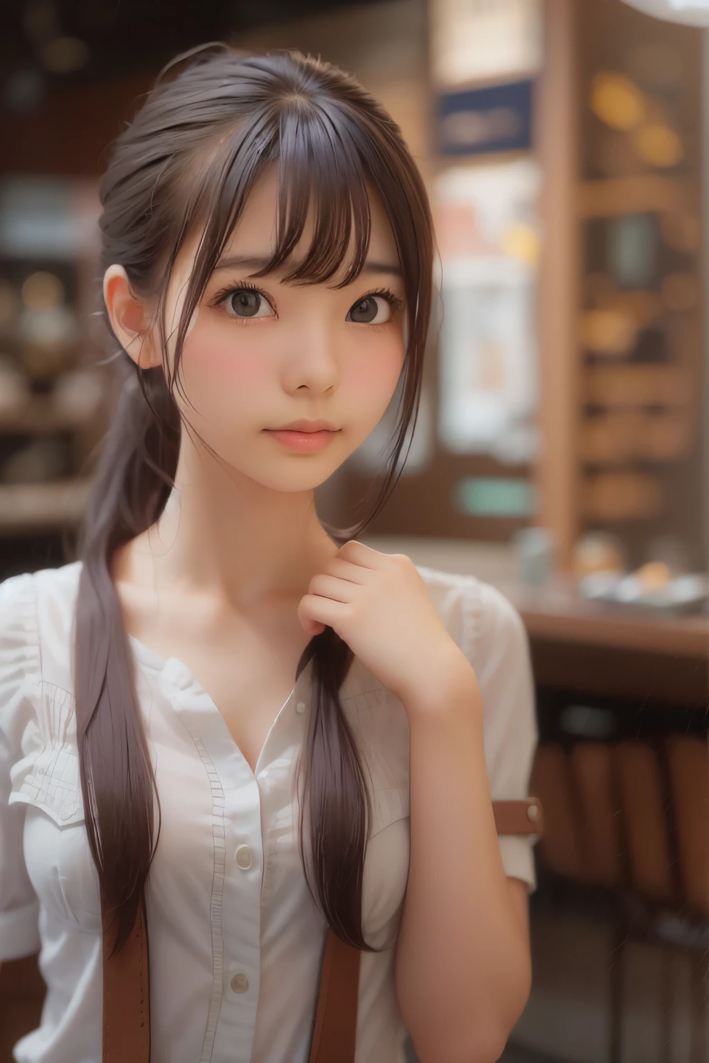((sfw: 1.4)),((detailed face, professional photography, cowboy shot)), ((sfw, barista uniform, low-ponytail hair, sidelocks-hair, 1 Girl)), Ultra High Resolution, (Realistic: 1.4), RAW Photo, Best Quality, (Photorealistic Stick), Focus, Soft Light, ((20 years old)), ((Japanese)), (( (young face))), (surface), (depth of field), masterpiece, (realistic), woman, bangs, ((1 girl))