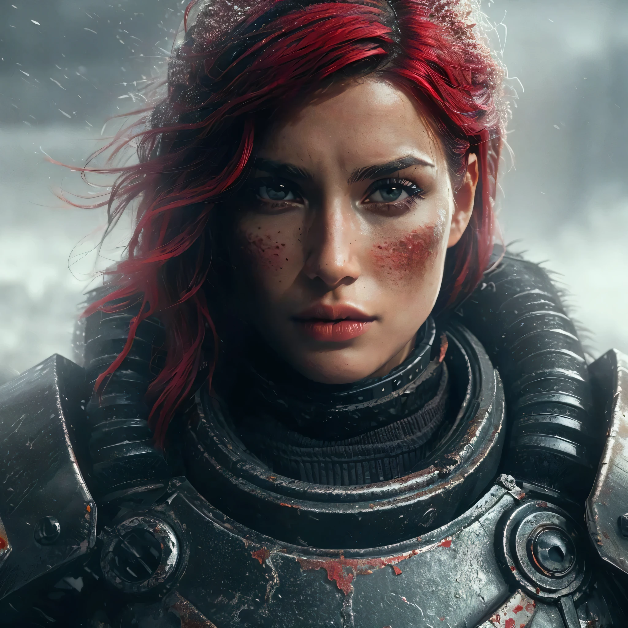 1 uma mulher de cabelos vermelho carmesim, pele clara, sardas no rosto, equipada com uma armadura pesada de alta tecnologia, volumosa, dystopian, Walking through a barren land of fog in ultra-detailed Full HD 8k comic book art in a sci-fi epic