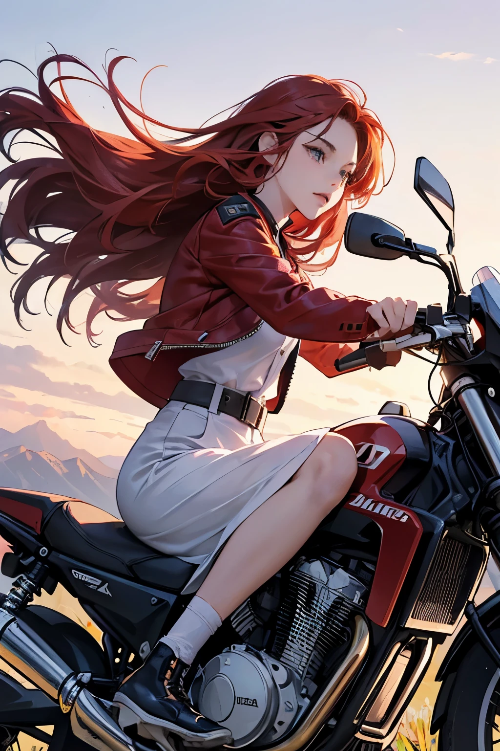 ((Ultra detailed):1.4), ((Still images, resembling movies, and dynamic angles):1.3), A super-realistic photo of a fourteen-year-old girl with long flowing red hair, donning a red leather jacket and an open helmet, speeding on a Honda motorcycle against a backdrop of a wide speedway. Surrounding her, a picturesque lavender field comes alive with trees and a vibrant blend of red-yellow tulips. In the distance, the majestic icy Alps tower, as the first rays of dawn light up the scene. The sense of speed is amplified by the girl's determined expression and the dynamic angle,
