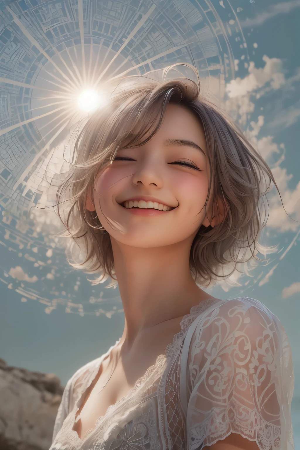 (masterpiece, highest quality), (real photos, intricate details), (afternoon, sun, sunny) Ludikou, embrace the sun, the sun hits the body, eyes are slightly closed. (1 girl, messy short gray hair, embracing the sun, chin up smile, profile) spread her arms,