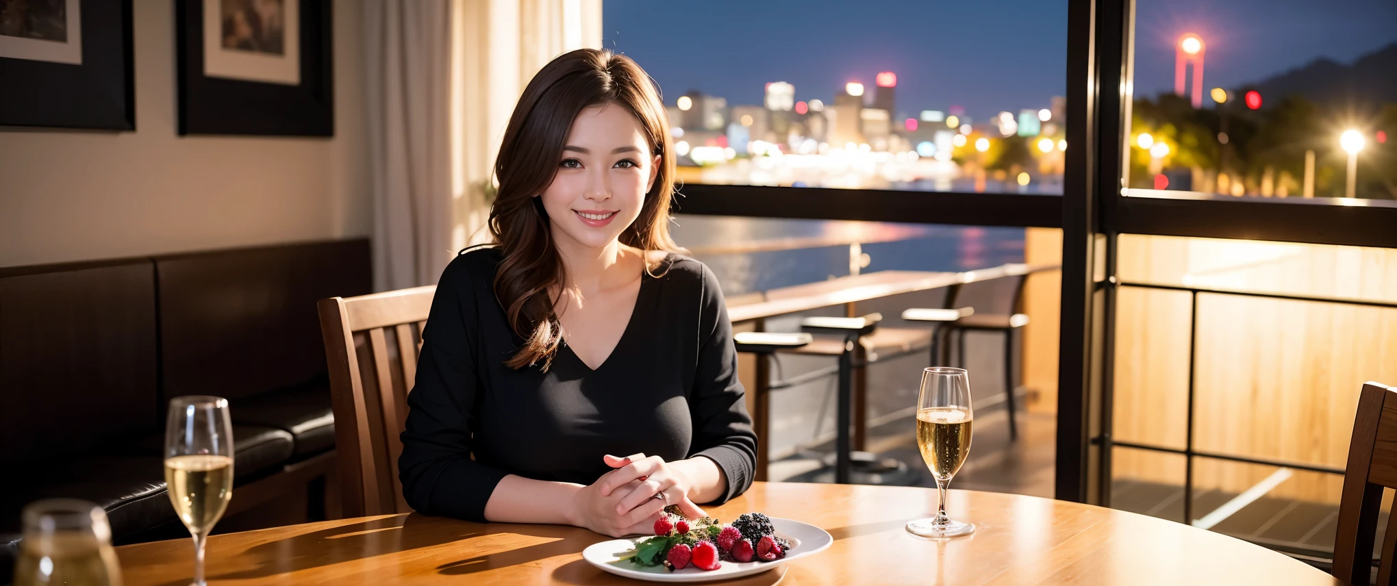 K, Hmm, highest quality, masterpiece: 1.2), (realistic, photorealistic: 1.37), Spectacular view of the sunset sky and clouds、Amazing mountain views、3 slim beauties, (slim face),Happy、 the best smile、Fox face、Berry Short、(because I&#39;thin), (brown hair), (shortcut), long sleeve shirt、winter fashion、Colombian、Brazilian、Japanese、Dutch、German、Portuguese、Belgian、Italian、French,Champagne、sparkling wine、 (??????), (slim body), (brown hair), (shortcut), neat beauty、cheeks turn a little red, (39 years old), 38 years old, alone, A beautiful and detailed night view spreads out outside the window....., restaurant, wine glass is sitting, At night, in a prominent place (from the Upper body) nova frog style, actress, model, Upper body, White wine, slim, wine glass, Very beautiful night view, wine glass Put in the Middle, Happy smile, (smile: 1.15), 