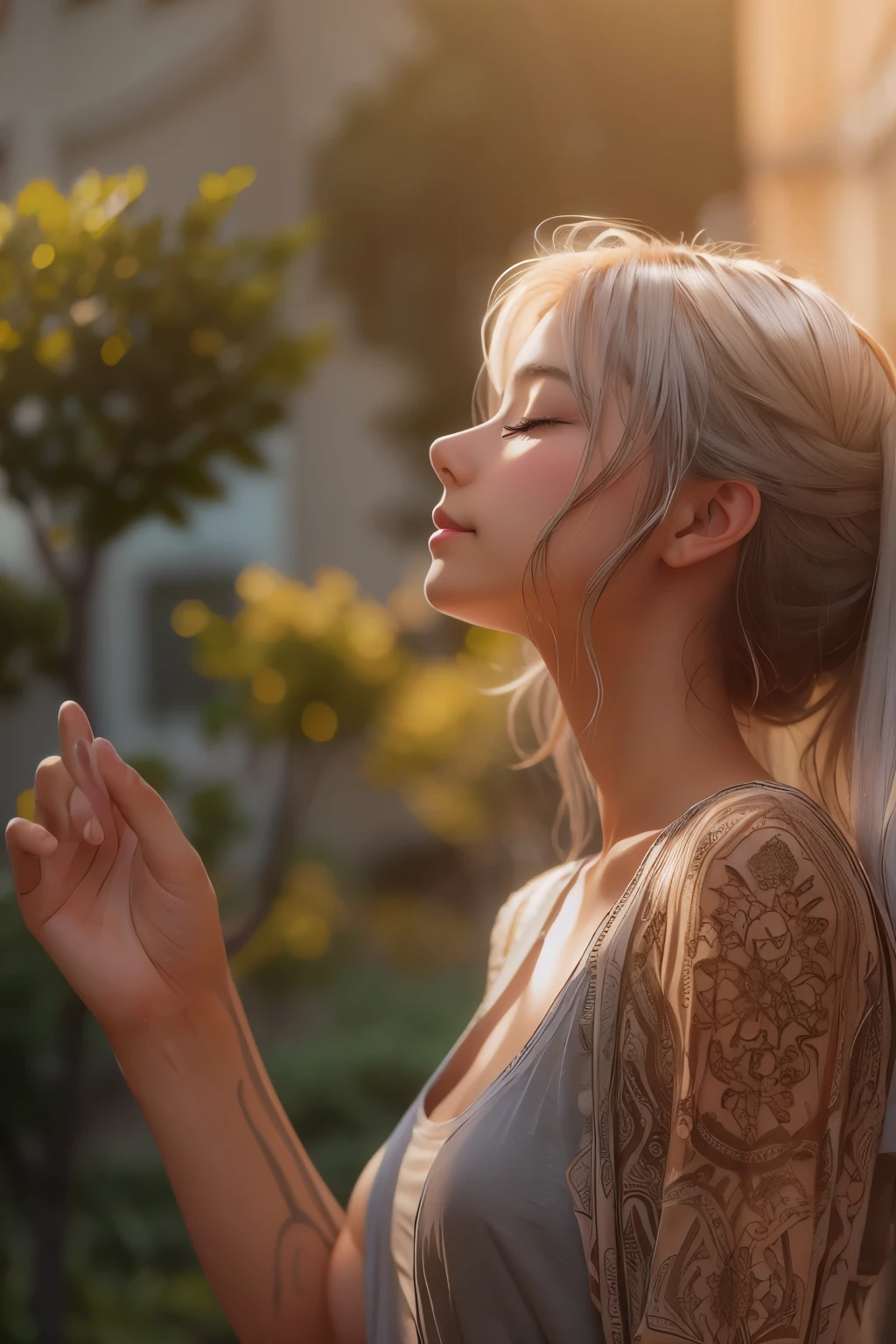 (masterpiece, highest quality), (real photos, intricate details), (afternoon, sun, sunny) Ludikou, embrace the sun, the sun hits the body, eyes are slightly closed. (1 girl, messy short gray hair, embracing the sun, chin up smile, profile) spread her arms,
