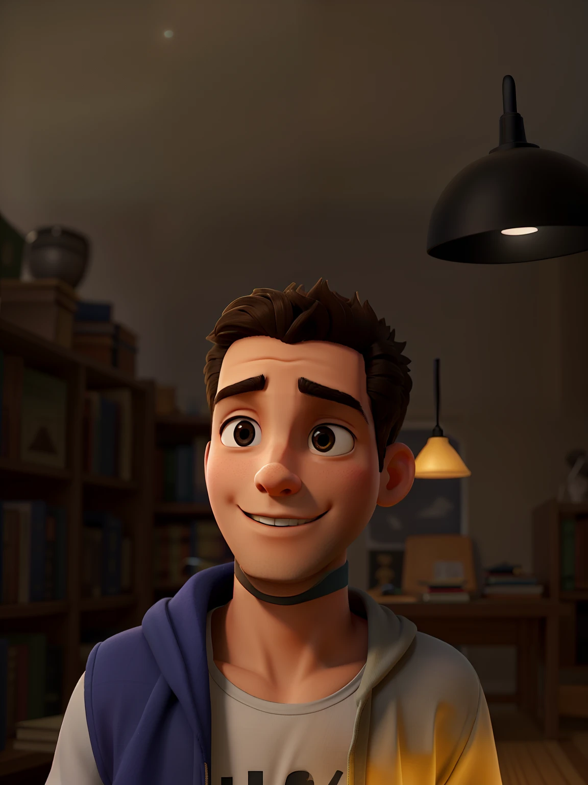 A wise young man standing in front, illuminated by the light of a lamp, tendo como pano de fundo uma biblioteca