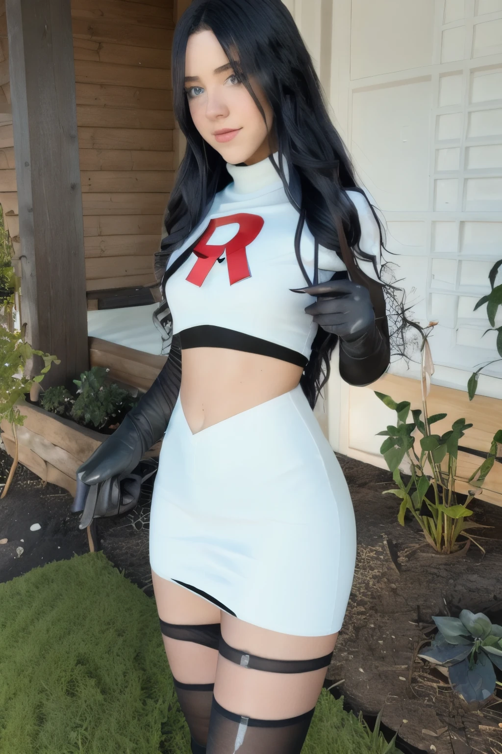 (vanessa), team rocket,team rocket uniform, red letter R, white skirt,white crop top,black thigh-highs,black elbow gloves, cosplay, 4K, HDR, outdoors, sunny,