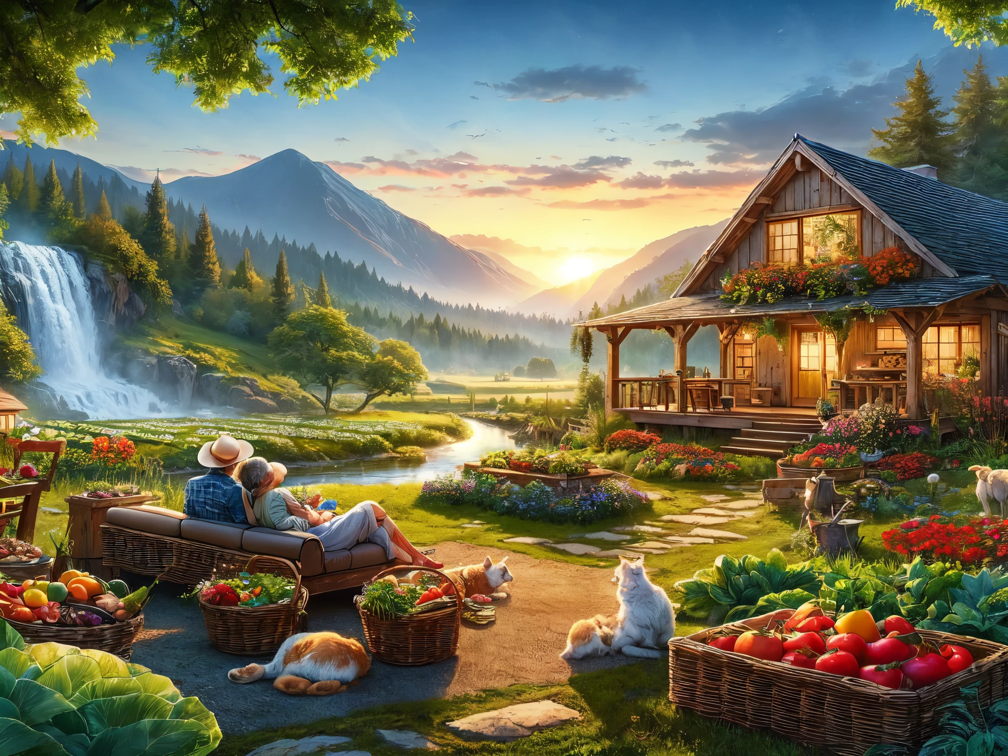 Real nature of country-style cottage, waterfall, mountains, flower garden, vegetable and fruit gardens, forest, old farmer couples relaxing. HDR picture, high quality photos.