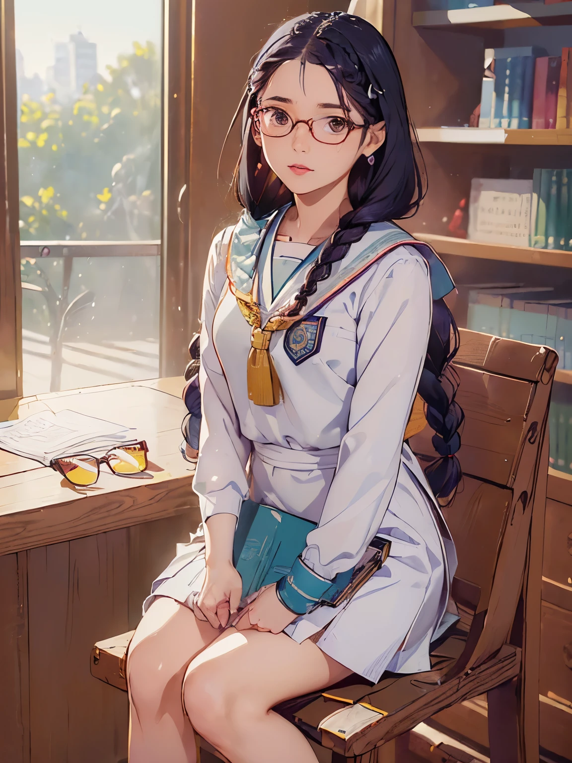 (((obra de arte))) ((( fundo : tema escolar : estudantes : na biblioteca ))) ((( personagem : Lee Ji Eun : corpo em forma : Braided hair : Nerd : wearing glasses :  : sentado : Estudo ))) feet