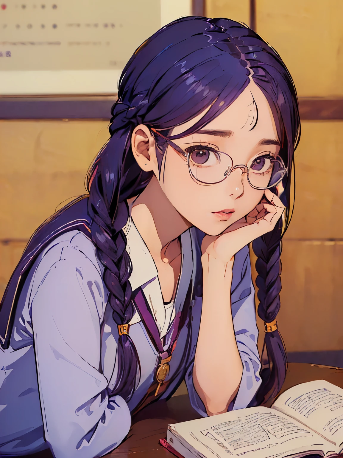 (((obra de arte))) ((( fundo : tema escolar : estudantes : na biblioteca ))) ((( personagem : Lee Ji Eun : corpo em forma : Braided hair : Nerd : wearing glasses :  : sentado : Estudo ))) feet