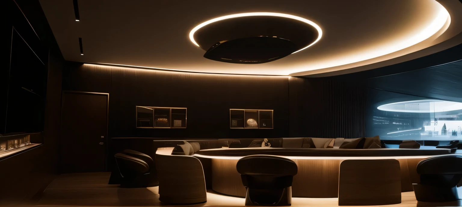 There is a large round table and chairs in the room, futuristic Light, gallery Light, corner oled lamp, modern Light, neon ambient Light, loop Light, exceptional Light, ring Light, dramatic and dynamic Light, cinematic accent Light, 4 k luminous Light, futuristic dramatic Light, cinematic Light + masterpiece, atmosperic Light, beautiful aesthetic Light, Light