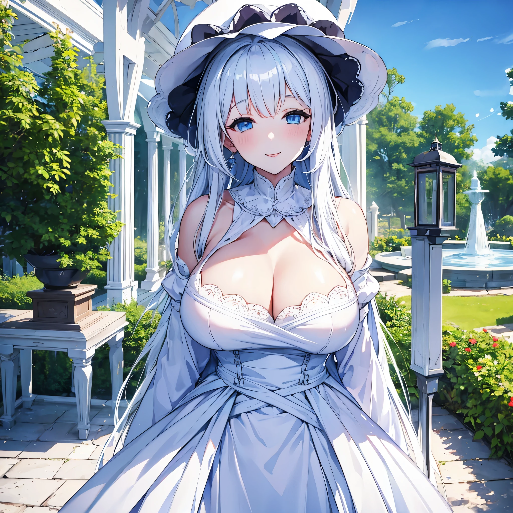 A woman with white hair, blue eyes, wearing a white dress, long white hat, inside a Gazebo in a garden, smiling, big breasts, very detailed, masterpiece, high definition, 4k hd
