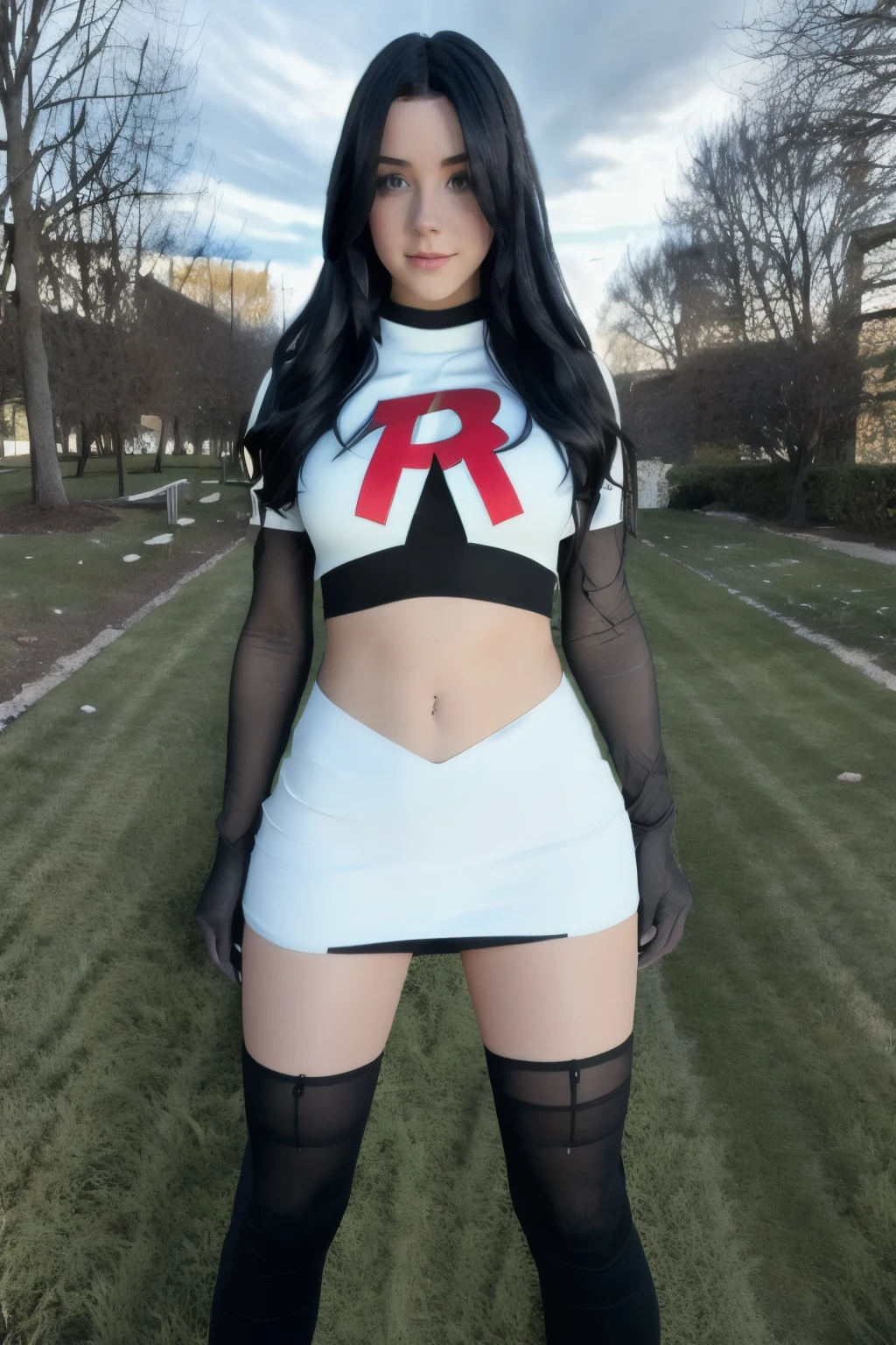 (vanessa),   team rocket,team rocket uniform, red letter R, white skirt,white crop top,black thigh-highs,black elbow gloves, cosplay, 4K, HDR, outdoors, sunny,
 