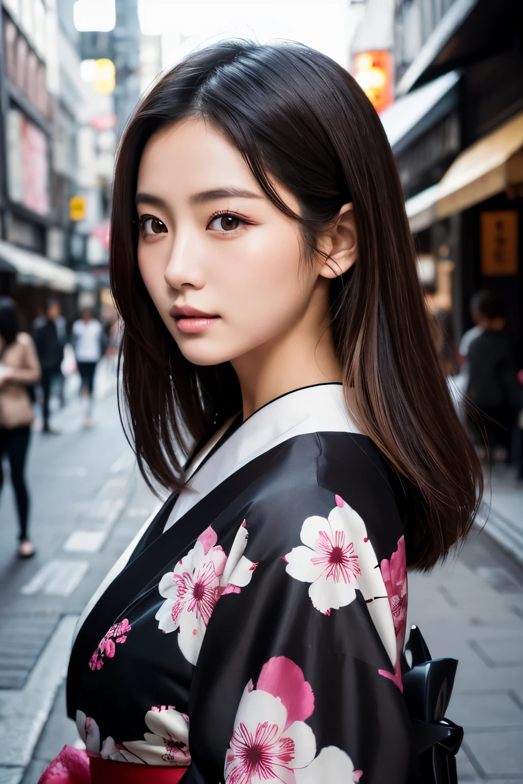 Beautiful Japanese supermodel woman, A lock of hair with slight highlights, black eyes, Sexy，street background，Gorgeous kimono , Liquid color flows across her face, Shooting against the light，Perfect facial lighting，mixed media