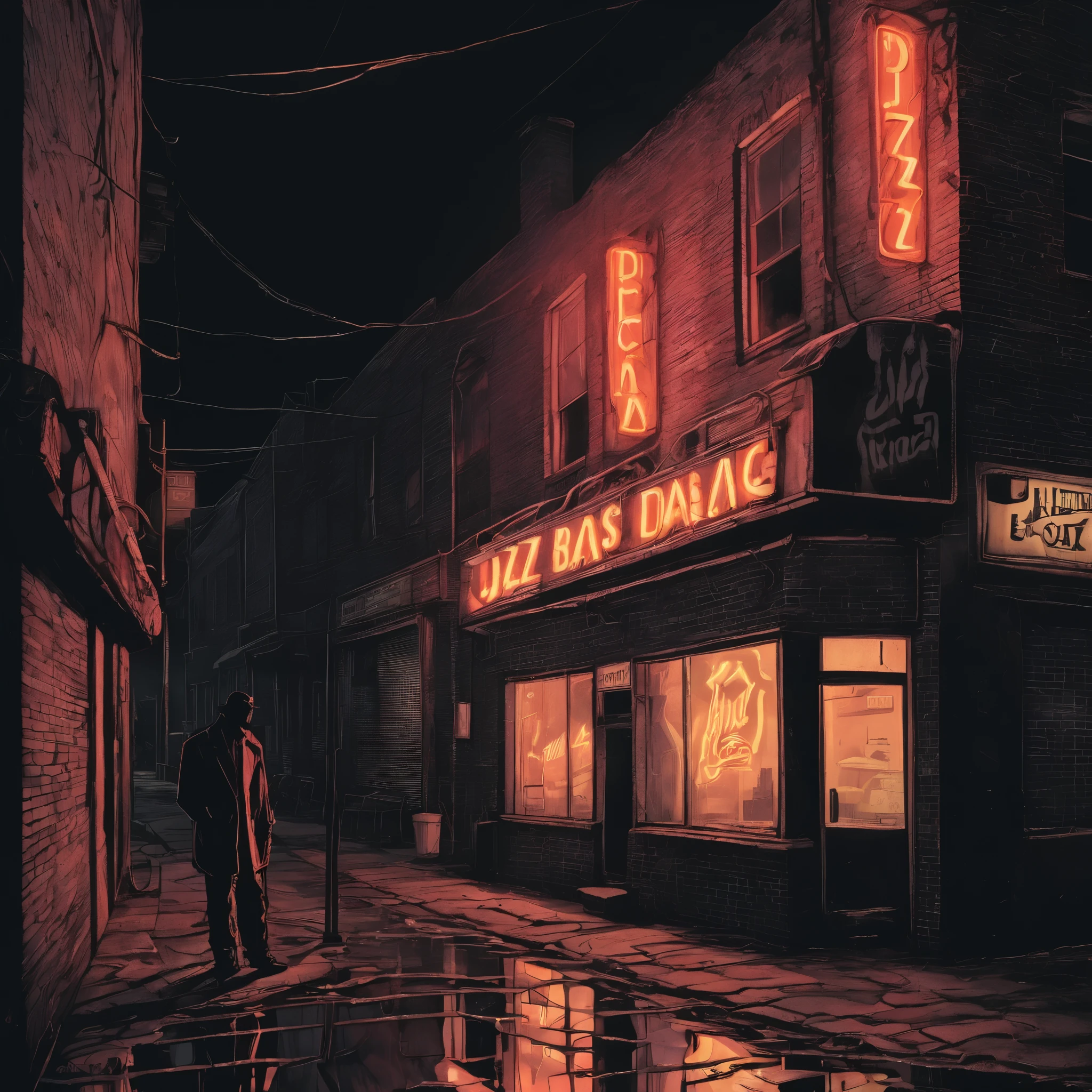 ink style figure, noir, nighttime, dark alley, shadows engulfing consuming insatiable into abyss black void, flickering neon sign for dive jazz bar illuminates the puddle drenched brick surface alley, 90's comic aesthetics, noir cel shading, bleak drab dread aesthetics, man silhouette in shadows smoking cigarette, ember of end only light besides puddle reflections of neon from sign high above, dutch angle, cinematic, detailed intricate neon sign with jazz bar signage, 