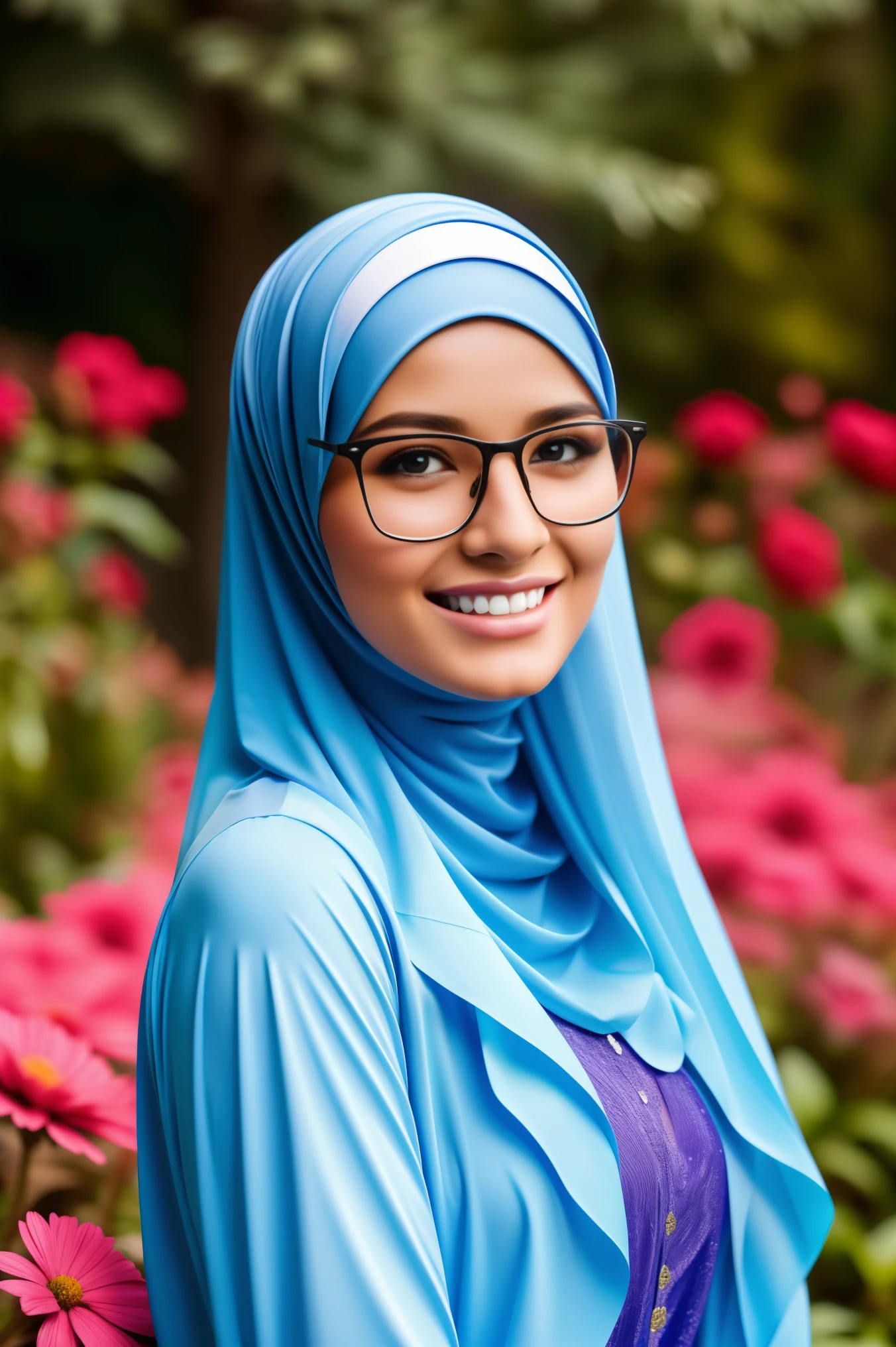 ultra realistic,16k, enhanced quality, perfect face, perfect hands, perfect body, ultra detailed, perfect hair, girl wearing glasses, perfect glasses, perfect smile, ultra realistic, ultra realistic background, full body shooting, posing for photo in flower garden, girl wearing perfect hijab,full body shooting, ultra realistic particles, perfect duck lips, full body shooting, Islamic hijab,