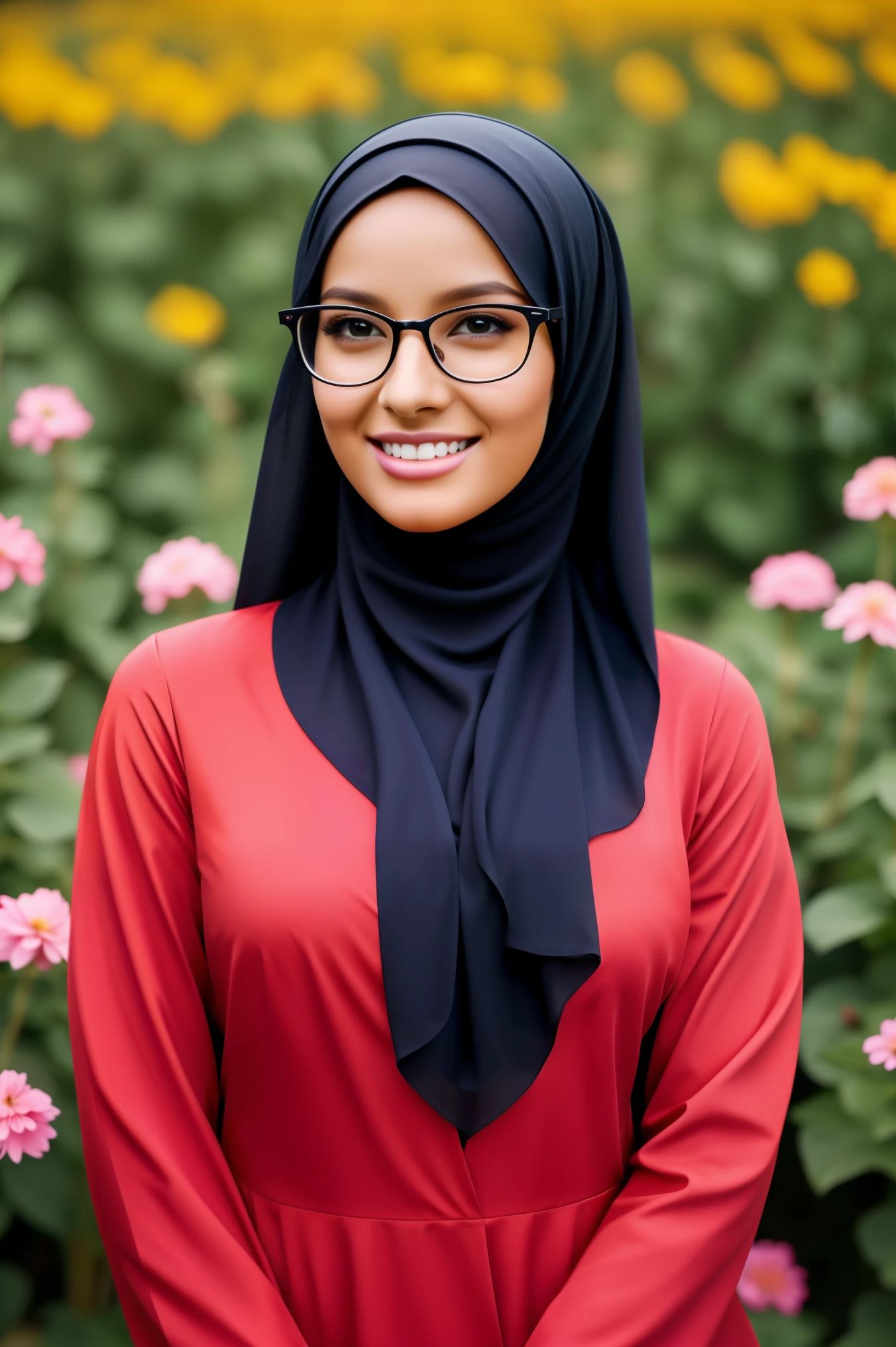 ultra realistic,16k, enhanced quality, perfect face, perfect hands, perfect body, ultra detailed, perfect hair, girl wearing glasses, perfect glasses, perfect smile, ultra realistic, ultra realistic background, full body shooting, posing for photo in flower garden, girl wearing perfect hijab,full body shooting, ultra realistic particles, perfect duck lips, full body shooting, Islamic hijab,