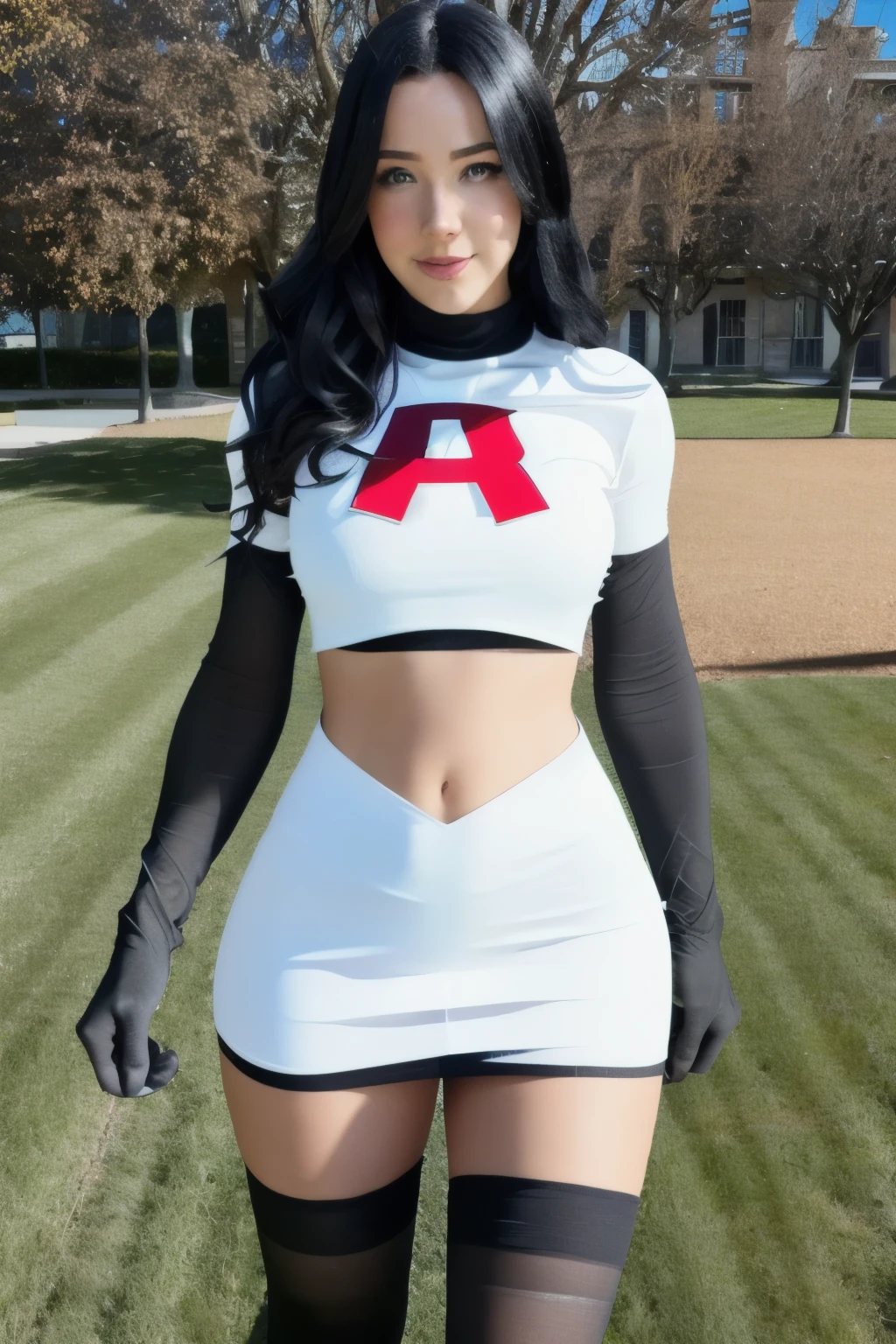 (vanessa),   team rocket,team rocket uniform, red letter R, white skirt,white crop top,black thigh-highs,black elbow gloves, cosplay, 4K, HDR, outdoors, sunny,
 