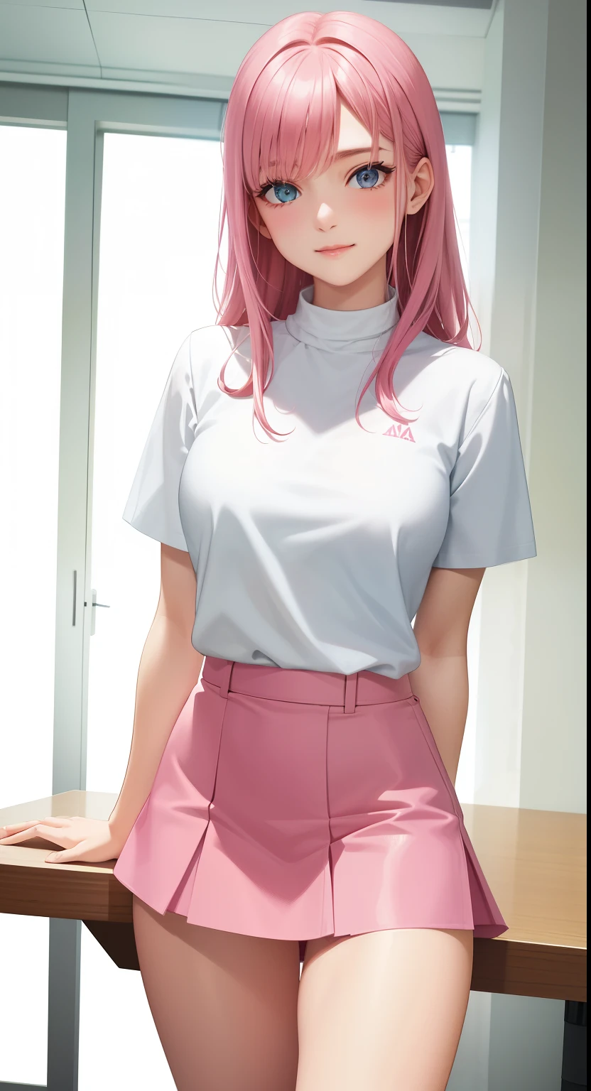 1 girl,real person,real photo,realistic, Sayla Mass, elegant, table top, Complex, パンツが見える超ミニskirtのアーミーピンクの制服ドレス、超ミニskirt、smile、 You can see the pants in a miniskirt、white panties、realistic, highest quality, With White Base and Mobile Suit Gundam in the background、absurd, high facial detail, perfect eyes, 18-year-old, cowboy shot, realization、, Bright colors, pink uniform, skirt