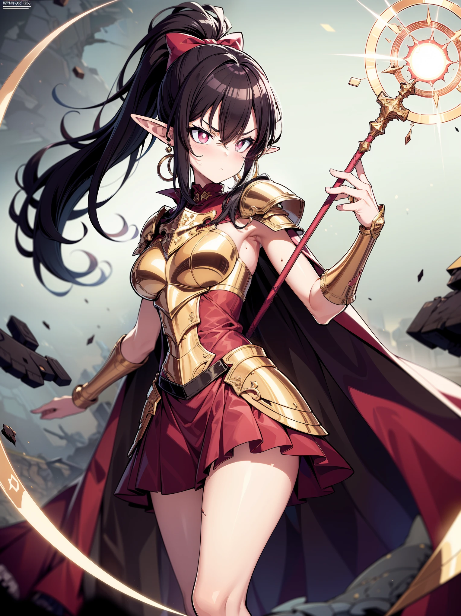 (masterpiece), (cowboy shot), (best quality, ultra-high resolution, depth of field:1.2), (perfect anatomy), Fair skin, Elf girl, pink eyes, no pupils, (shaded face), black hair in a hime hairstyle, ponytail, pink bow, gold earrings, armor, (golden armor), (long skirt:1.3), frills, high thighs boots, cape, (ruins scenery:1.2), (casting a magic spell), extended arm, (magic circles on wrists), (deadpan expression), serious expression, (damaged clothes), holding a magic staff