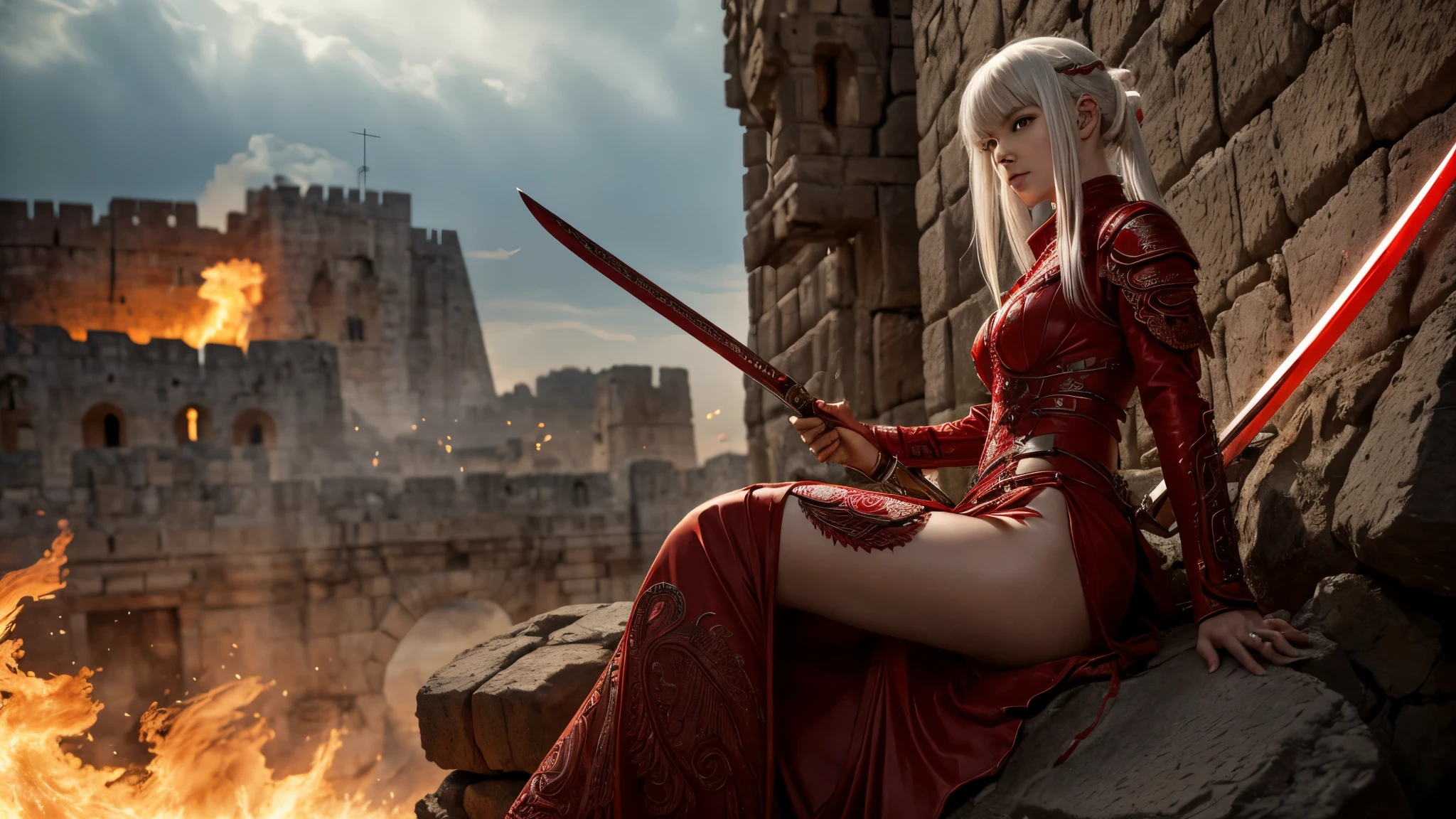 style of Tsutomu Nihei,(incredibly absurdres, (high resolution:1.18), intricate detail, (masterpiece:1.1), (highest quality:1.1), absurdres), (1 very beautiful Caucasian young female angel with red wings in a red translucent exquisite dress, white hair, leaning on a sword, next to burning Ancient Jerusalem fortress)