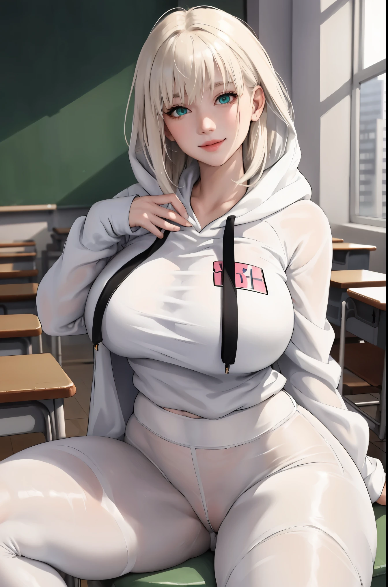 (masterpiece:1.2, best quality), (real picture, intricate details), 1lady, solo, upper body, showing legs, sitting down, school, school settings, long hair, minimal makeup, detailed face, smiling, really long light platinum blonde hair, bangs, hair between eyes, green eyes, big plump breasts, big ass, SFW, clothes, white sheer leggings, white sheer leggings pants, white sheer leggings, oversized hoodie, hoodie, leggings and hoodie, hoodie and white sheer leggings, (school classroom), (school), (cute), (innocent)
