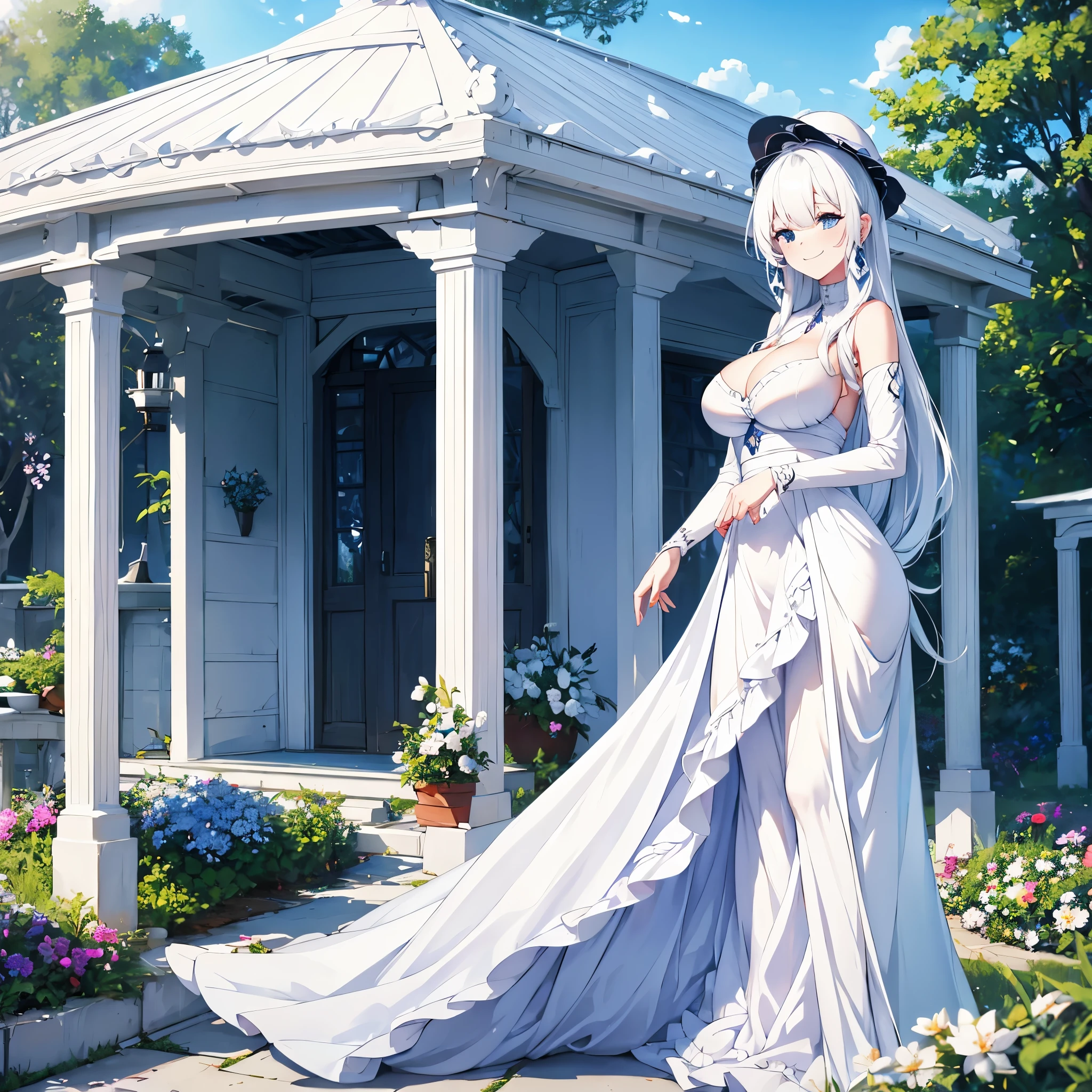 A woman with white hair, blue eyes, wearing a white dress, long white hat, inside a Gazebo in a garden, smiling, big breasts, very detailed, masterpiece, high definition, 4k hd
