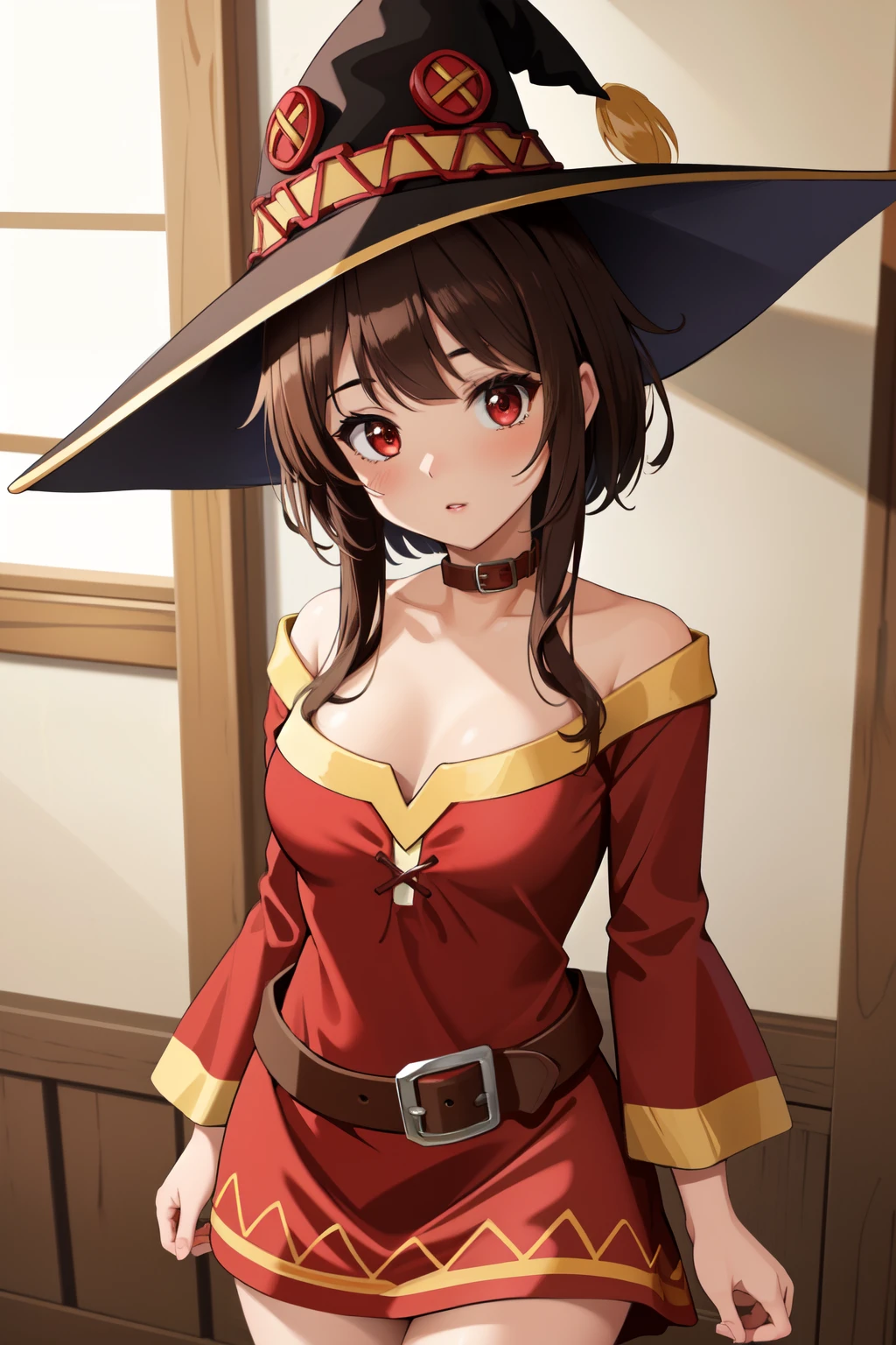 (masterpiece, best quality, detailed background, intricate details), 1girl, megumin, short brown hair, dress, red dress, hat, witch hat, belt, choker