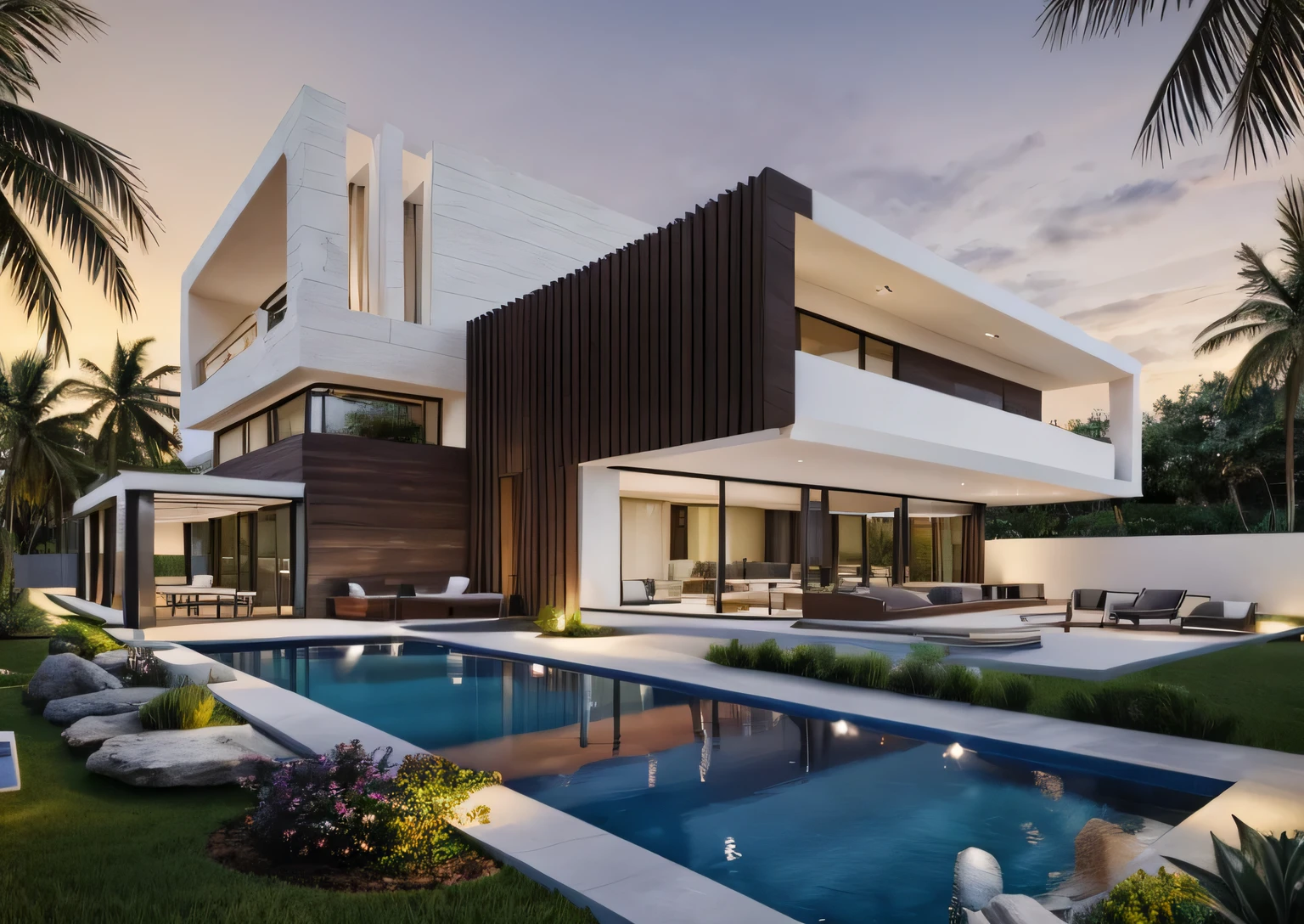 (masterpiece),(high quality), best quality, real,(realistic), super detailed,(full detail),(4k),8k,modern house exterior design,Modern architecture,white_house,Beautiful_sky,sunrise_light,(gentle light),((no_strong_contrast)), no_humans, outdoors,sky,((Tropical_trees)),Coconut_trees,Palm trees,Pool and Garden_flower_front_of_building,pool villa,(strong interior light),