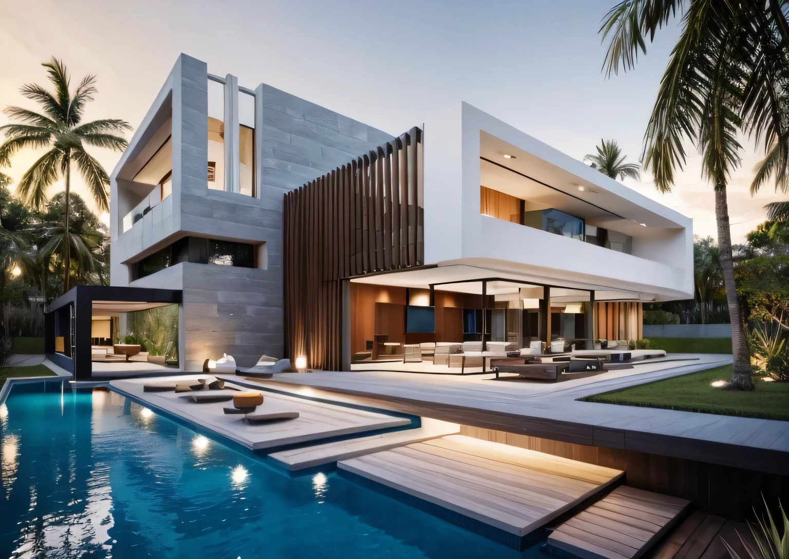 (masterpiece),(high quality), best quality, real,(realistic), super detailed,(full detail),(4k),8k,modern house exterior design,Modern architecture,white_house,Beautiful_sky,sunrise_light,(gentle light),((no_strong_contrast)), no_humans, outdoors,sky,((Tropical_trees)),Coconut_trees,Palm trees,Pool and Garden_flower_front_of_building,pool villa,(strong interior light),