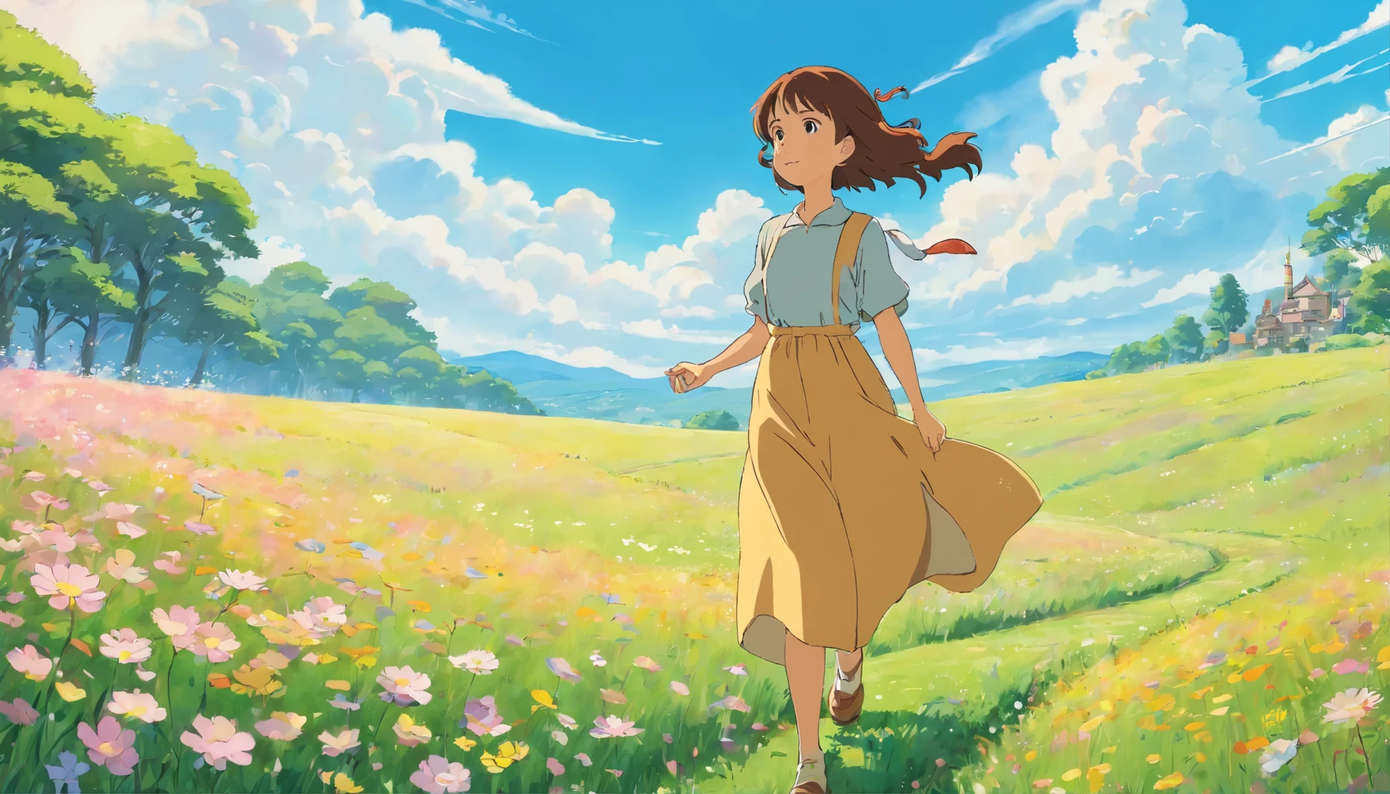 Young woman walking in a wide meadow、one piece、petals are dancing、blue sky、sunlight