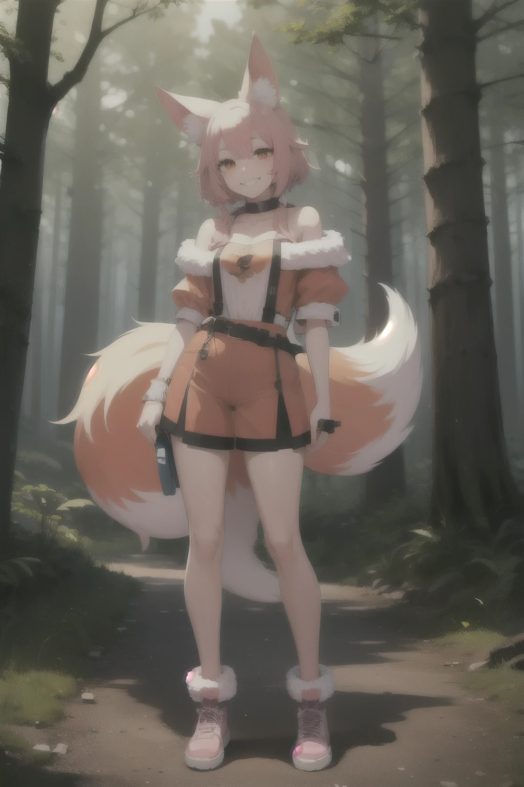 ((best quality)), ((masterpiece)), (detailed), perfect face, Pink Hair, Fox Ears, Orange Fox Eyes, Full Body, Slender, Forest Night, 1 girl, Trickster Grin, Pink Fur, Athletic Tone
