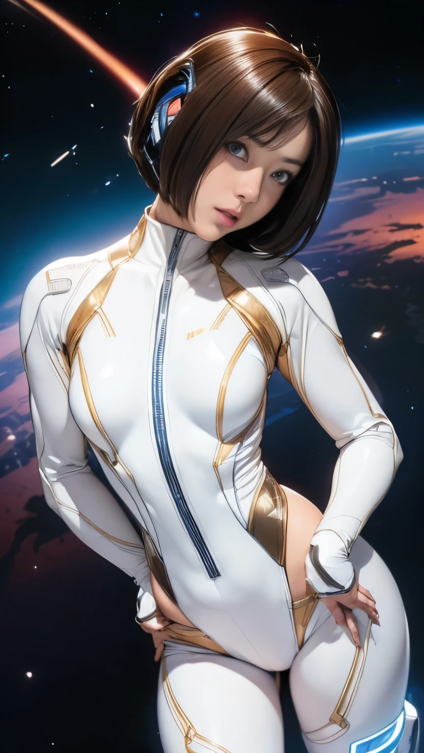 (masterpiece、highest quality、highest resolution、clear_image、Detailed details): (full body figure、15 year old girl、Japanese face、small face、thin、navy blue super short bob cut hair、blue colored eyes、((navy long sleeve space suit、space helmet))、headset、cosmic handbag、cute type、gentle smile、soft expression、headset、(((knee high boots)))、gloves up to the elbow、eye level shot、face directly、woman on a spaceship), (((camel toe))), ((Pure white leotard))