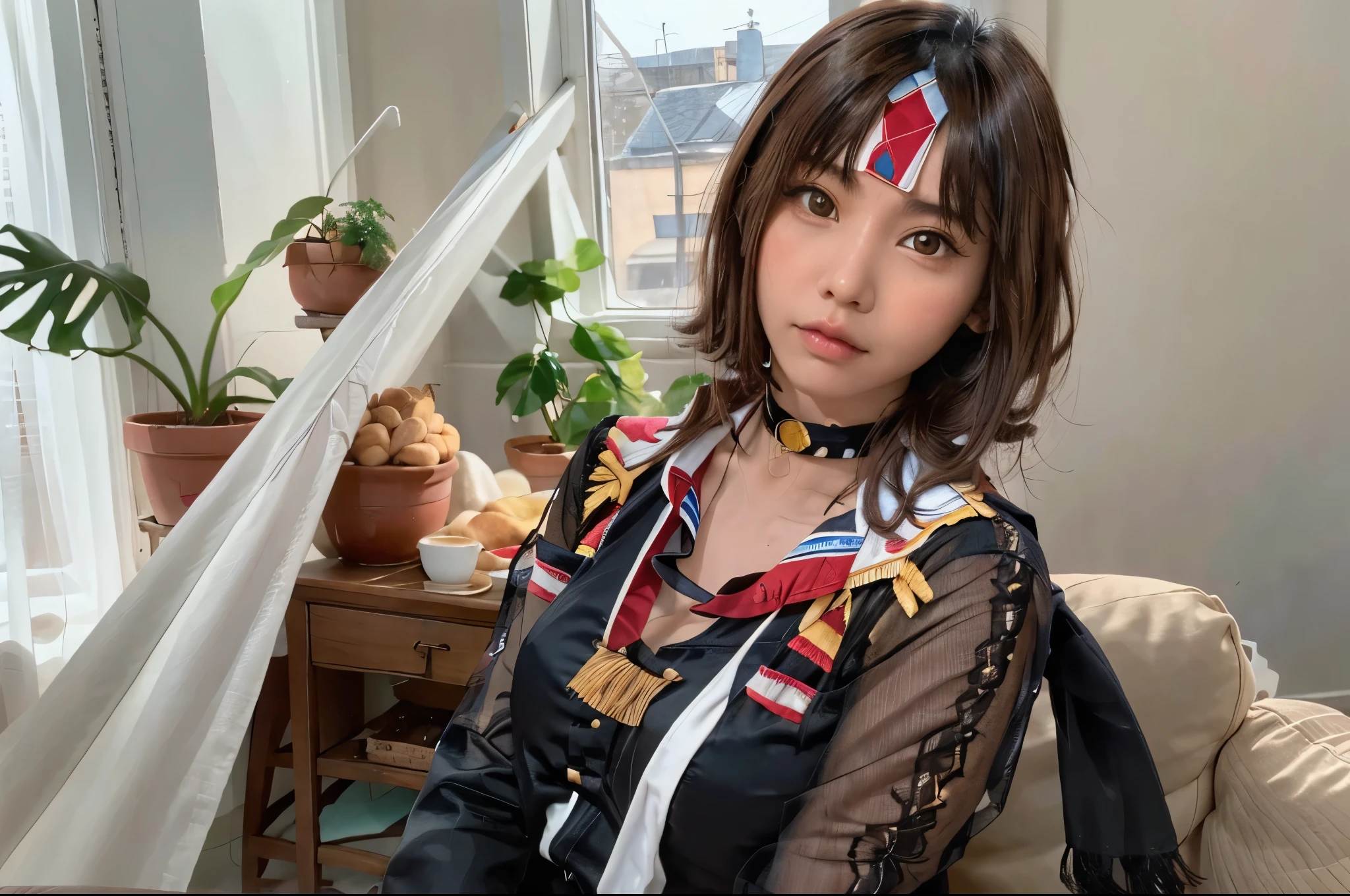 An arafe woman wearing a headband and scarf and looking at the camera、Native American wearing choker、portrait photography、portrait of young pocahontas、60mm portrait、beautiful young himalayan woman、70mm portrait、50 mm portrait、A young woman who looks like Genghis Khan 、profile shot、50mm lens photography portrait