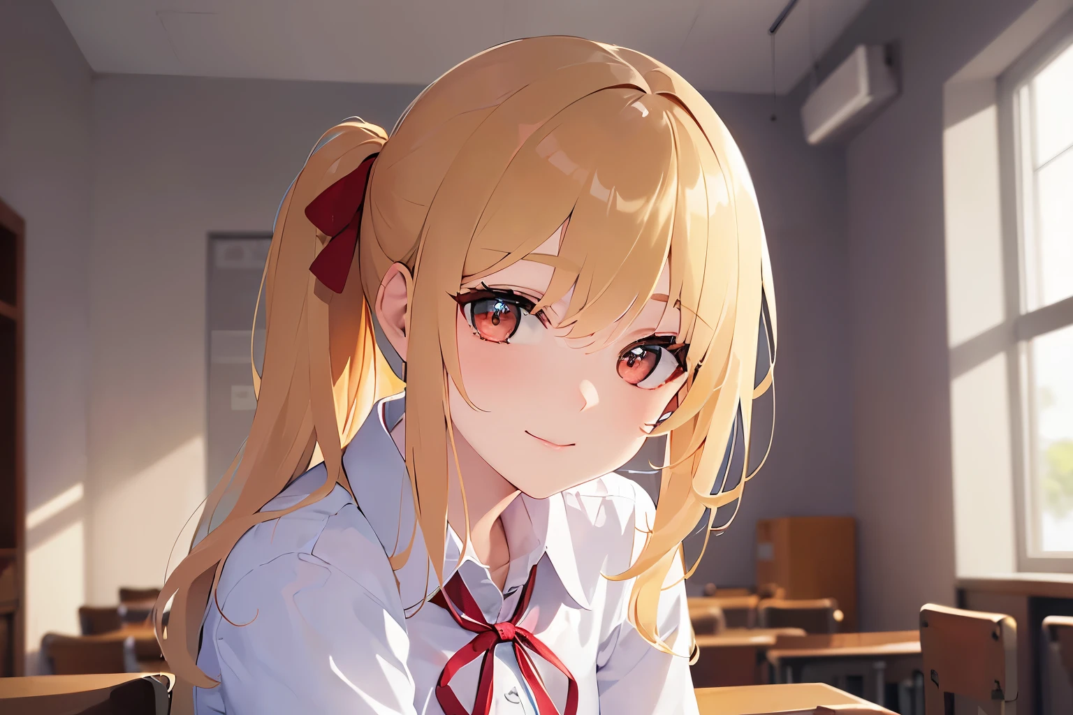 Tilting head, Upper Body, Realistic, real person, (pale skin: 1.2), RAW photo, photorealistic, portrait photography, shiny skin, japanese idol、shiny hair、(25 year old woman with medium hair with blonde bangs) and and (pony tail) and (wavy hair) and (orange eyes) ,　 smile, high school student、high 、(white shirt) and (red ribbon)、blue pleated skirt、The background is a classroom、Alone、Are standing