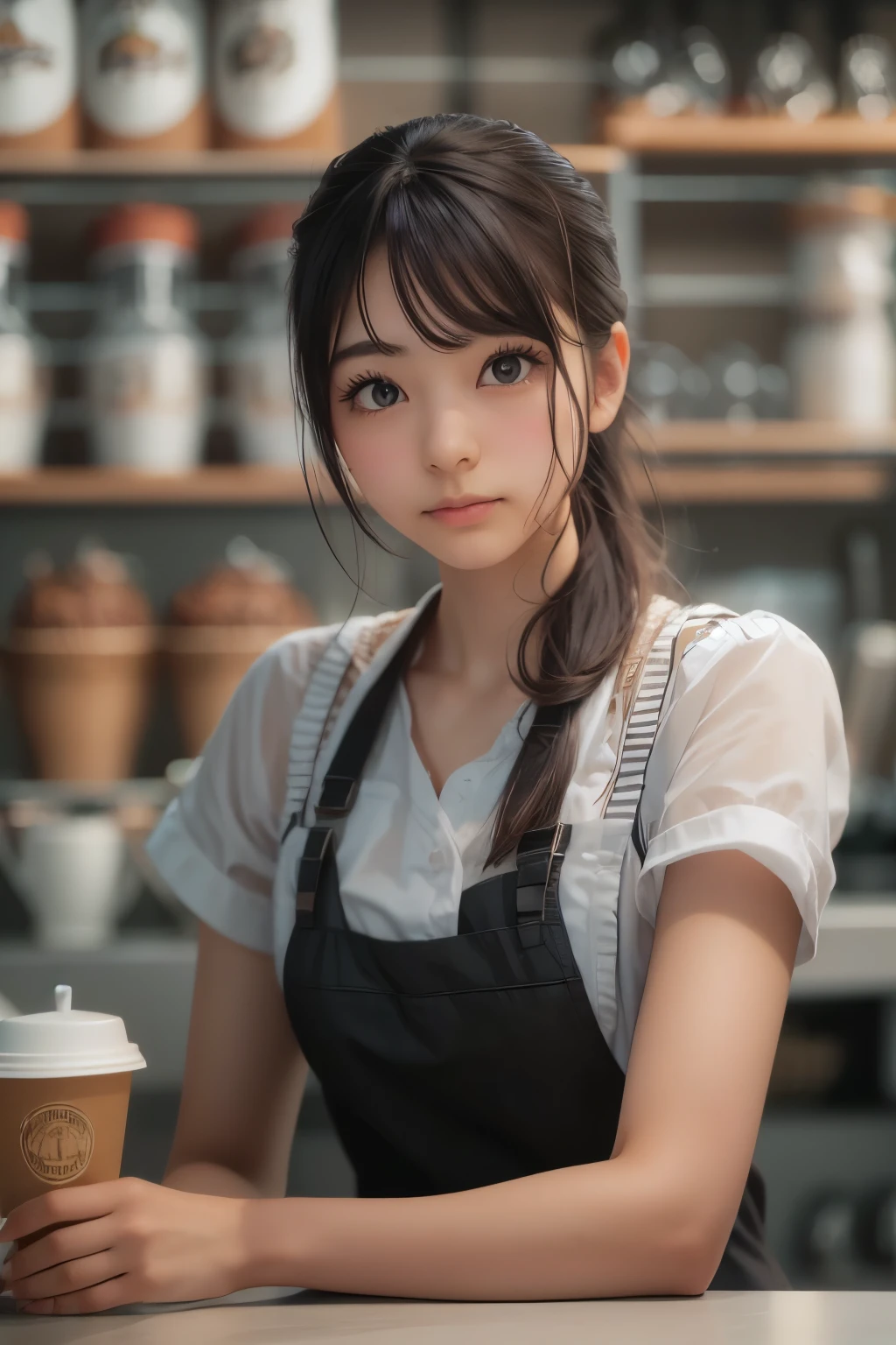 ((sfw: 1.4)),((detailed face, professional photography)), ((sfw, barista uniform, sidelocks-hair, 1 Girl)), Ultra High Resolution, (Realistic: 1.4), RAW Photo, Best Quality, (Photorealistic Stick), Focus, Soft Light, ((15 years old)), ((Japanese)), (( (young face))), (surface), (depth of field), masterpiece, (realistic), woman, bangs, ((1 girl))