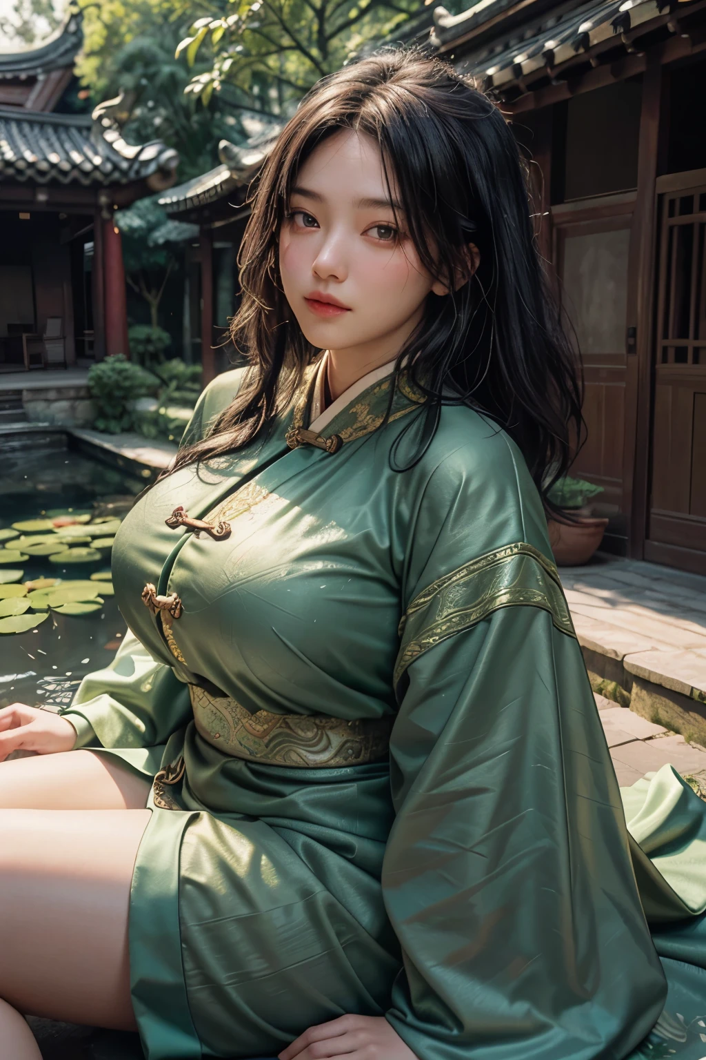In the tranquil back garden of a Tang Dynasty house in China, a 30-year-old obese woman dressed in filthy, green court clothes sat with a slightly amused expression. Her dirty, black hair hung loosely around her greasy body shape. The scene was captured from an oblique angle using a wide-angle lens, with a shallow depth of field that emphasized her figure and the lush greenery around her. The soft light filter illuminated the scene, bringing out the realistic details of her clothing and the textures of her skin. The image was rendered in 8K resolution, with a 1:1 aspect ratio and stylized with a 2