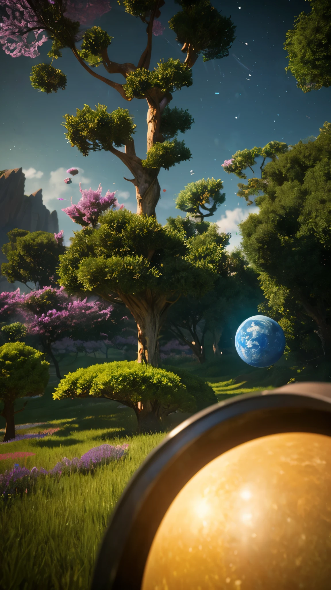 (((masterpiece))) (((highest quality))) glass bulb, close-up of a planet with a bunch of trees on it, overgrown planet, green planet, fractal world, fantastic world, fantasy planet, dyson ball, pink planet, 3D rendering beeple, planetary landscape, round planet inspired by Jofra Bosschart, planet, future world, psychedelic flower planets, ether world, (The brilliance that is transmitted)