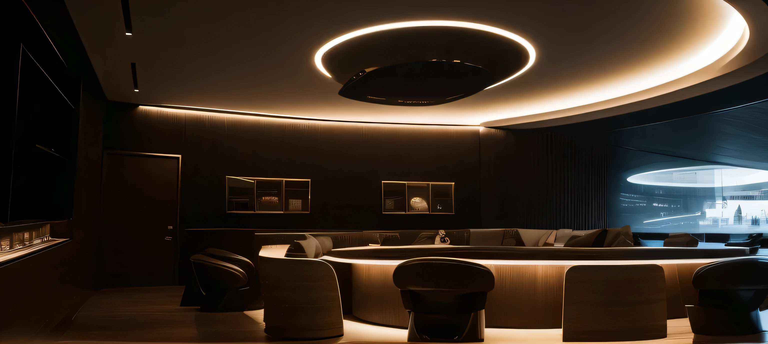 There is a large round table and chairs in the room, futuristic Light, gallery Light, corner oled lamp, modern Light, neon ambient Light, loop Light, exceptional Light, ring Light, dramatic and dynamic Light, cinematic accent Light, 4 k luminous Light, futuristic dramatic Light, cinematic Light + masterpiece, atmosperic Light, beautiful aesthetic Light, Light