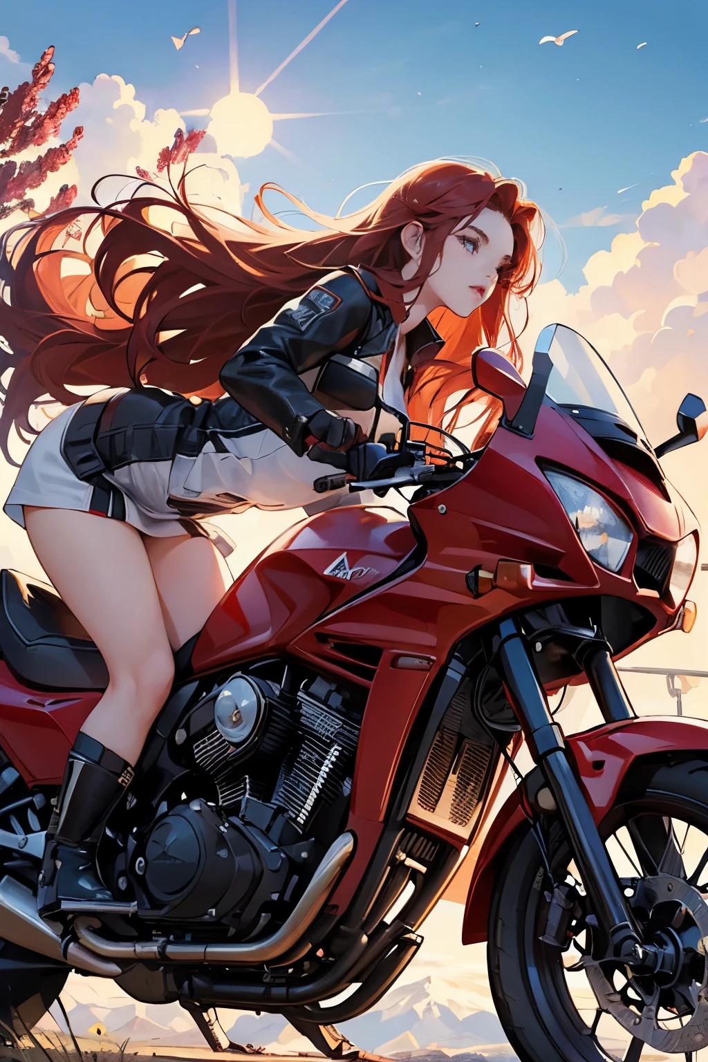 ((Ultra detailed):1.4), ((Still images, resembling movies, and dynamic angles):1.3), A super-realistic photo of a -year-oldl witong flowing red hair, wearing a red leather jacket and an open helmet, speeding on a sleek Honda motorcycle against a wide, expansive speedway. Surrounding her, a scenic lavender field filled with trees, red-yellow tulips, and several Swiss-style buildings add to the serene beauty of the scene. In the background, the icy Alps are visible, their snow-capped peaks reaching towards the sky as the sun begins to rise. The entire image is bat
