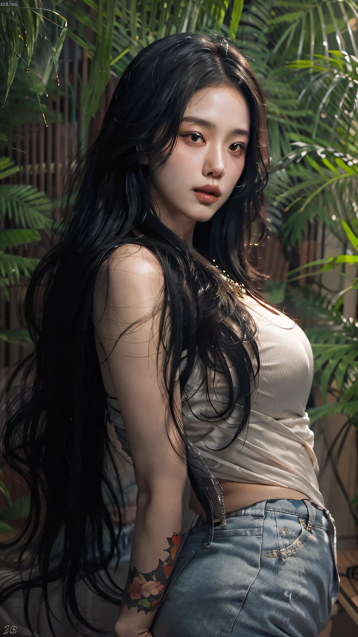 photorealistic, high resolution, soft light,1women, solo, hips up, shinning skin, (detailed face), jewelry, tattoo, super long hair, sperm on her face (facial), black hair, long hair, mafia