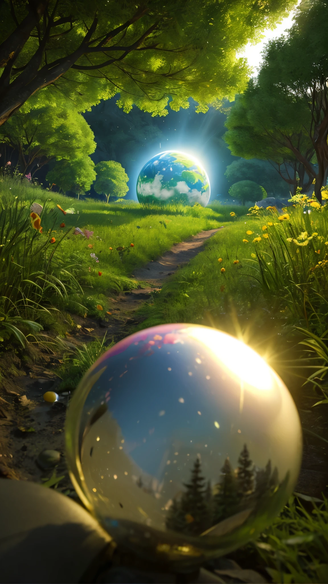 (((masterpiece))) (((highest quality))) glass bulb, close-up of a planet with a bunch of trees on it, overgrown planet, green planet, fractal world, fantastic world, fantasy planet, dyson ball, pink planet, 3D rendering beeple, planetary landscape, round planet inspired by Jofra Bosschart, planet, future world, psychedelic flower planets, ether world, (The brilliance that is transmitted)