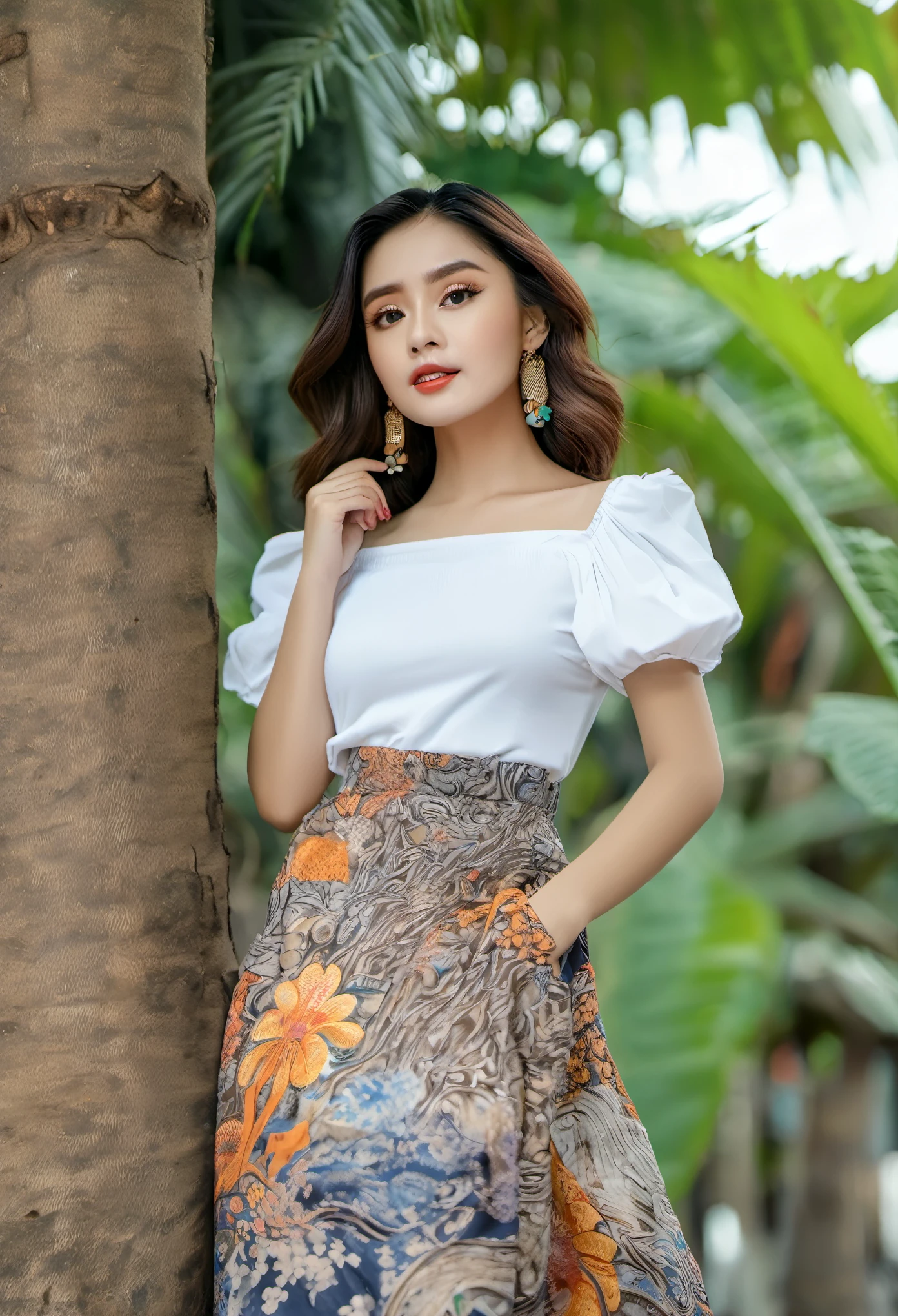 photography, high quality, 8k, masterpiece, 1 beautiful girl, posing next to a tree, outdoors, soft focus, high resolution, Indonesian batik wavy puff sleeve t-shirt, long fluffy skirt hanging down to the ground,